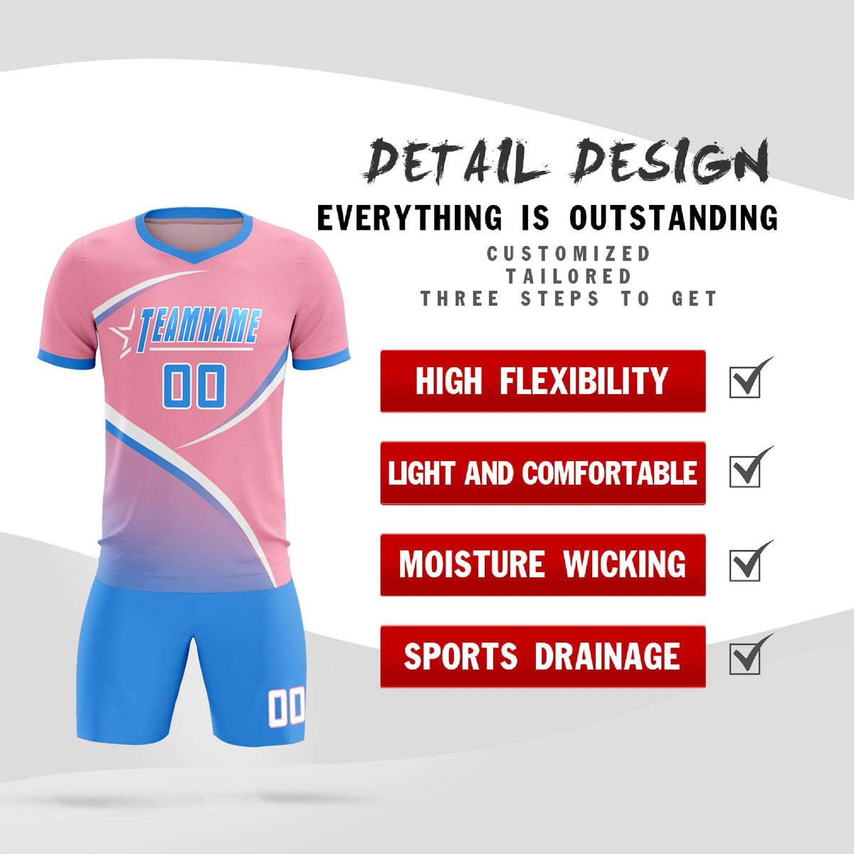 Custom Light Pink Powder Blue Color Block Training Uniform For Men Soccer Sets Jersey