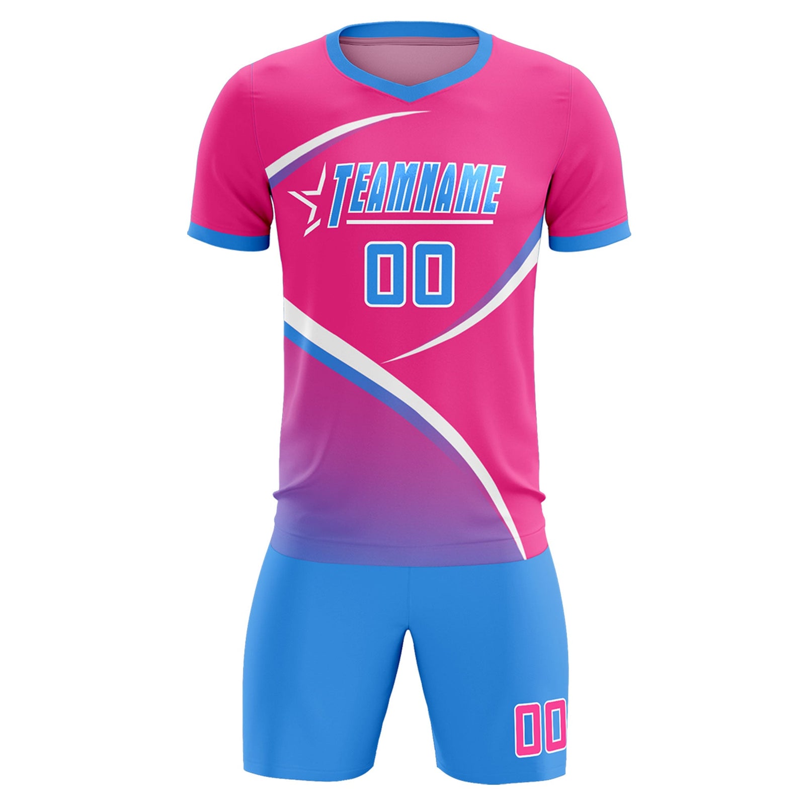 Custom Pink Powder Blue Color Block Training Uniform For Men Soccer Sets Jersey