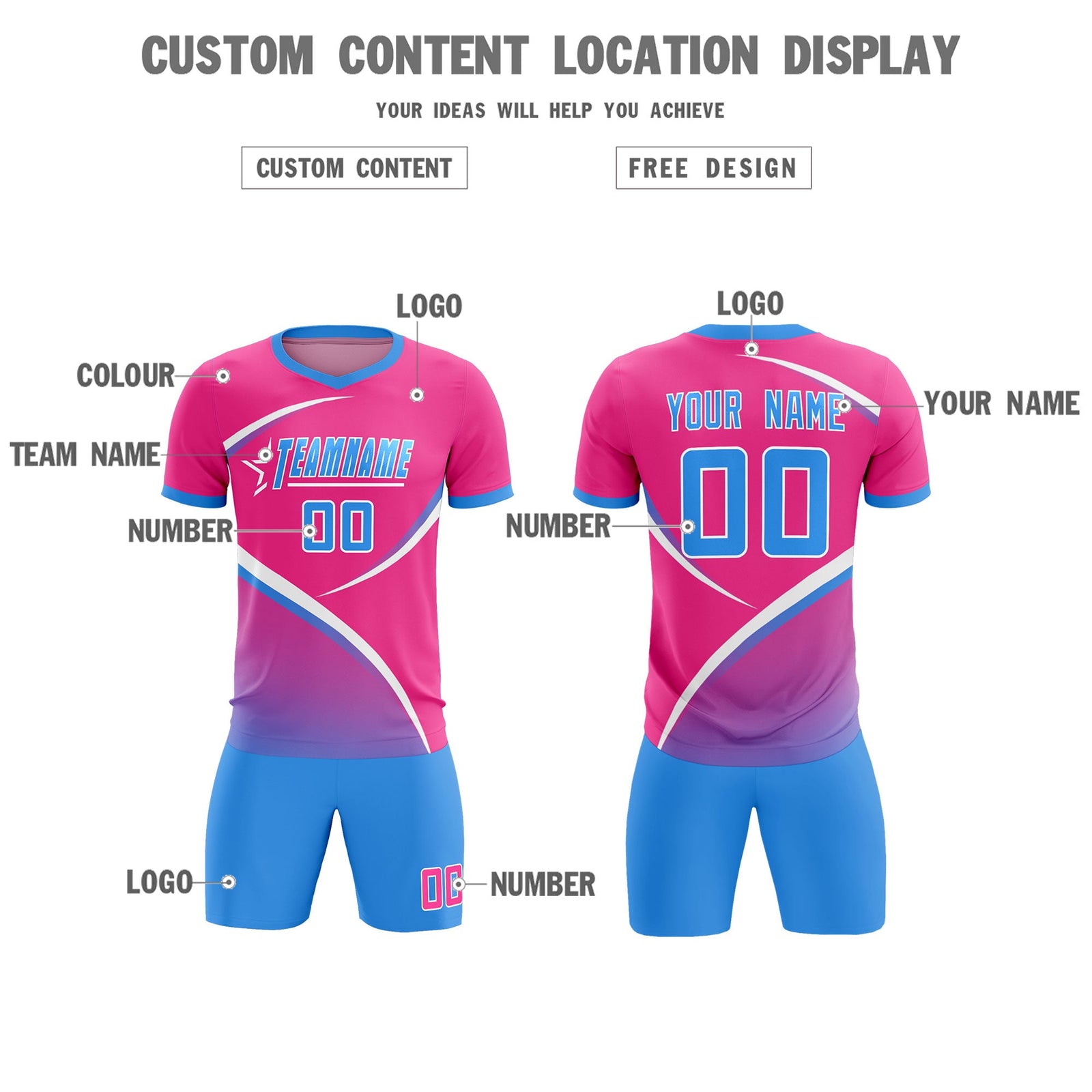 Custom Pink Powder Blue Color Block Training Uniform For Men Soccer Sets Jersey