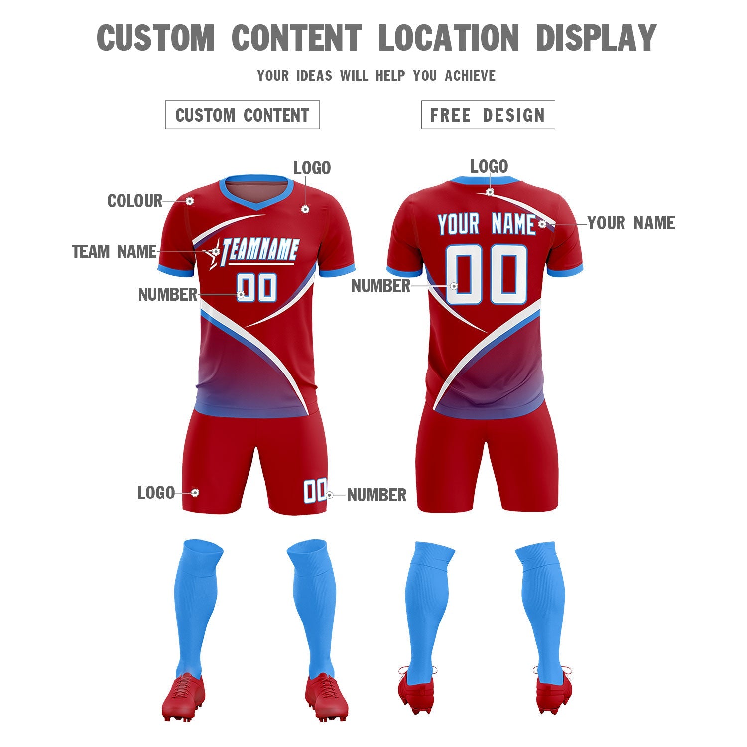 Custom Red Powder Blue Color Block Training Uniform For Men Soccer Sets Jersey