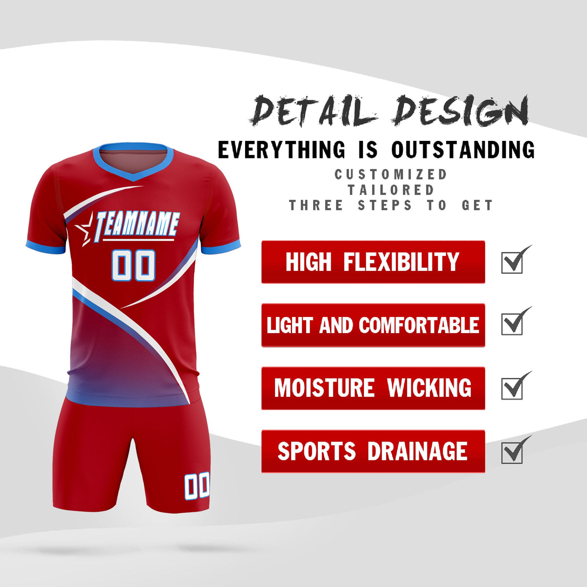 Custom Red Powder Blue Color Block Training Uniform For Men Soccer Sets Jersey