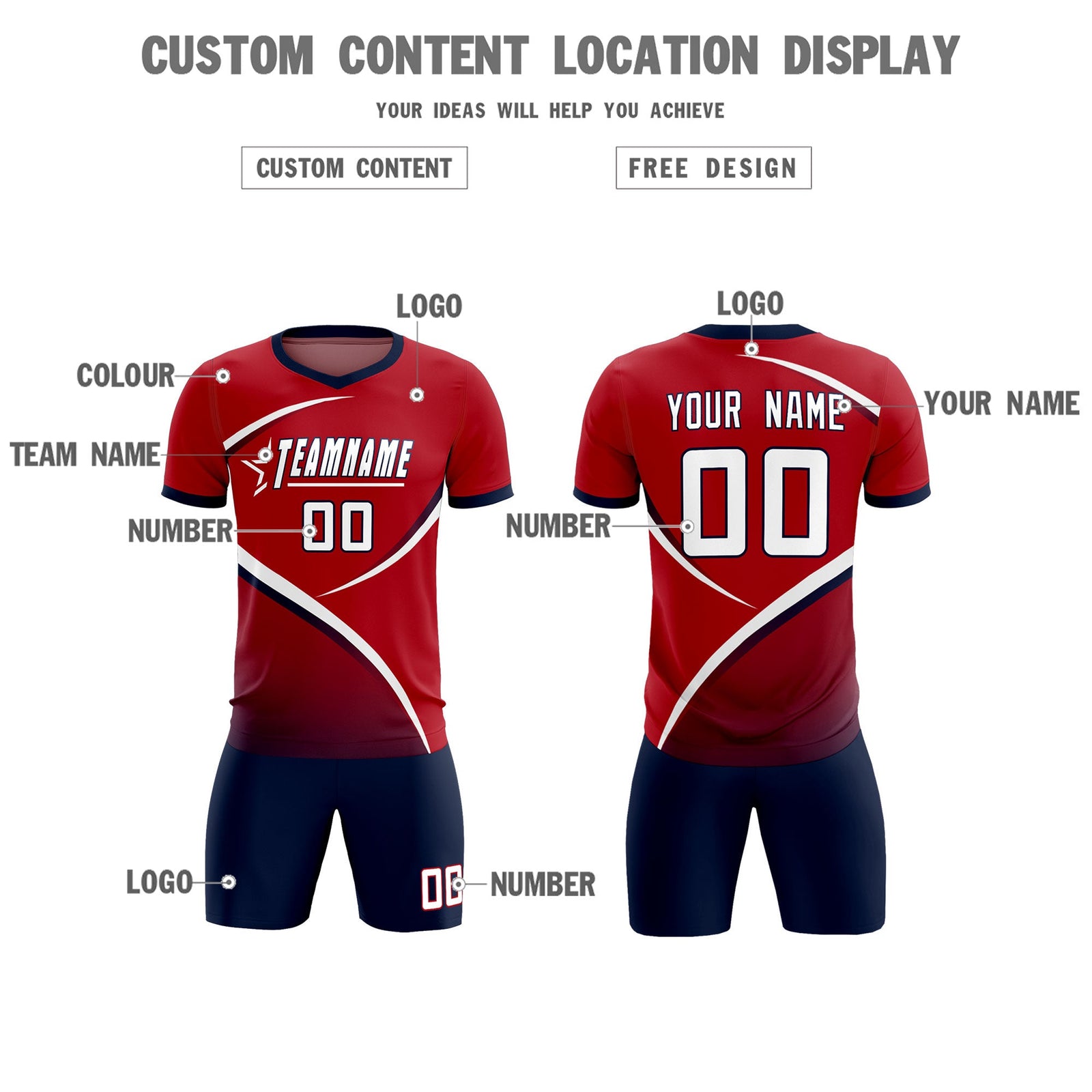 Custom Red Navy Color Block Training Uniform For Men Soccer Sets Jersey