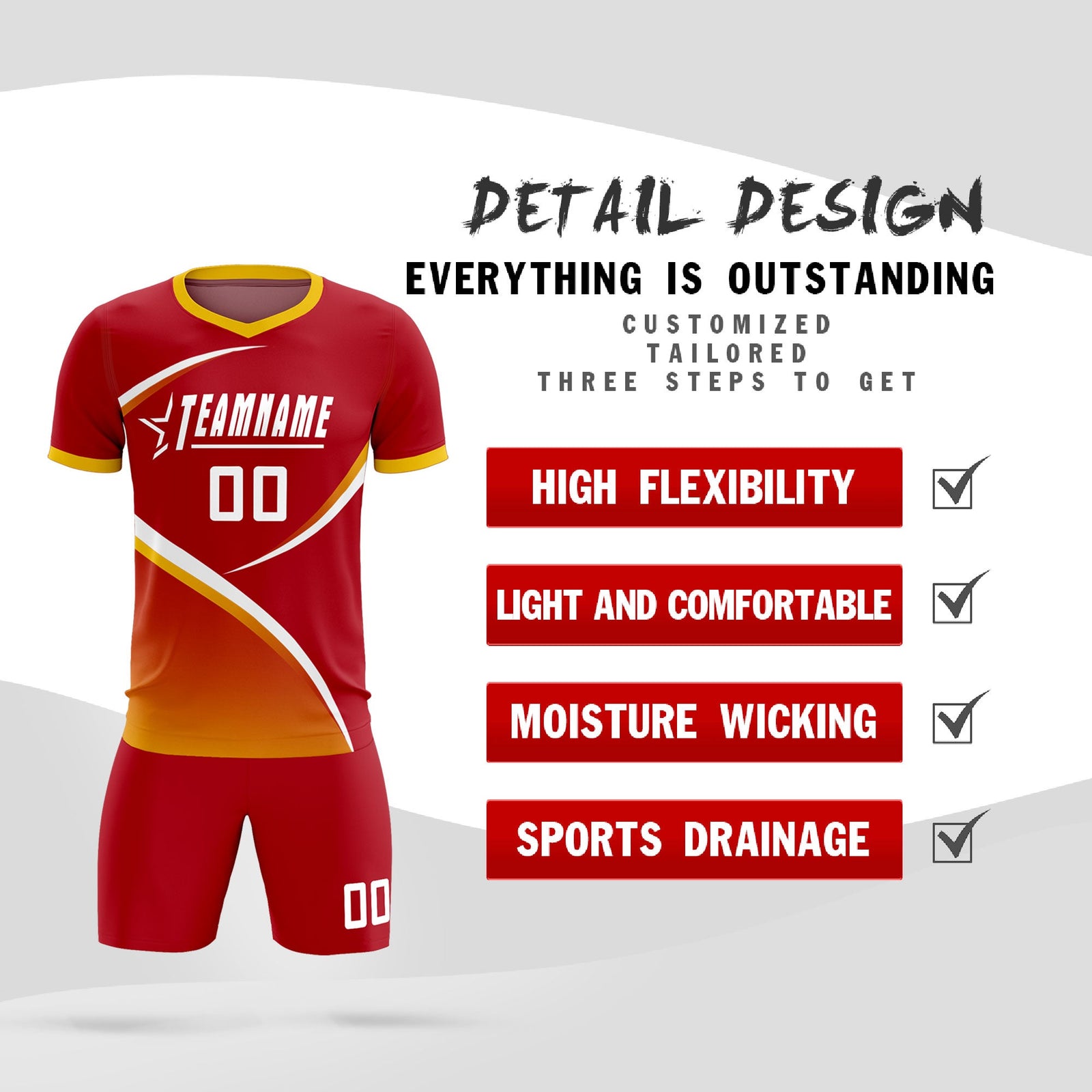 Custom Red Gold Color Block Training Uniform For Men Soccer Sets Jersey