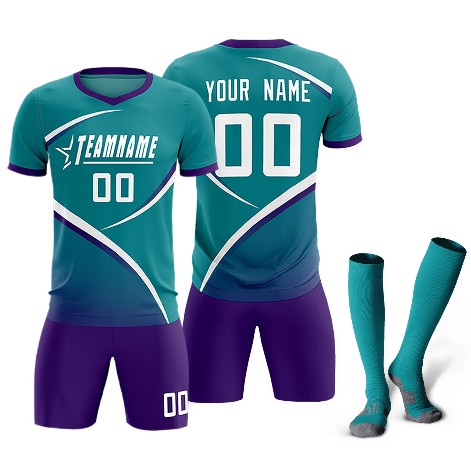 Custom Aqua Purple Color Block Training Uniform For Men Soccer Sets Jersey