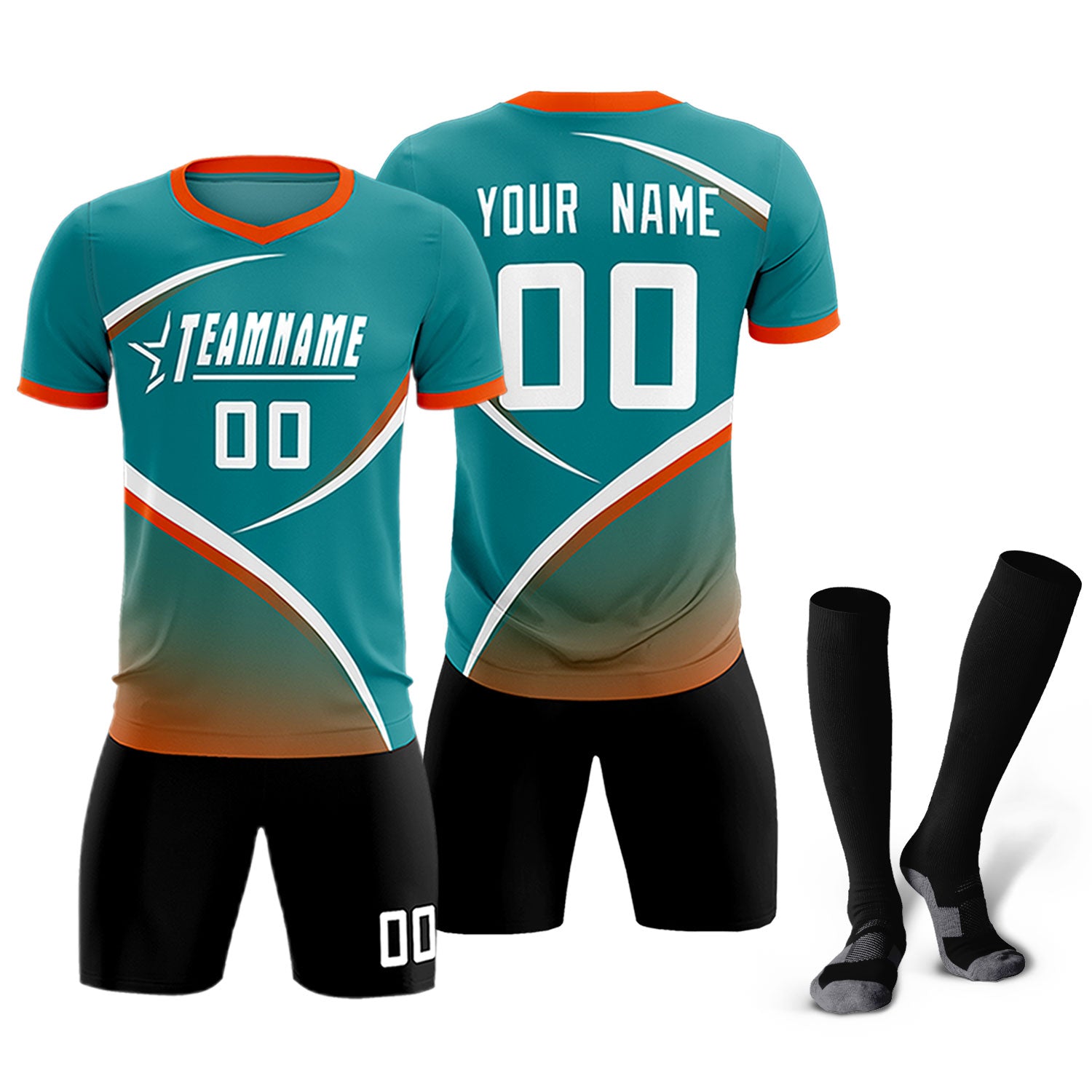 Custom Aqua Orange Color Block Training Uniform For Men Soccer Sets Jersey