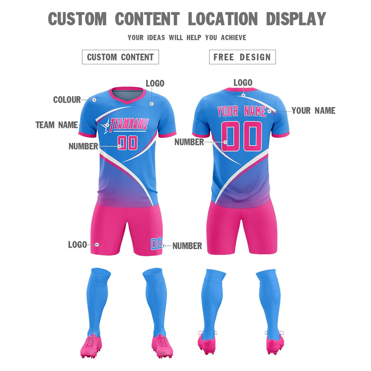 Custom Powder Blue Pink Color Block Training Uniform For Men Soccer Sets Jersey