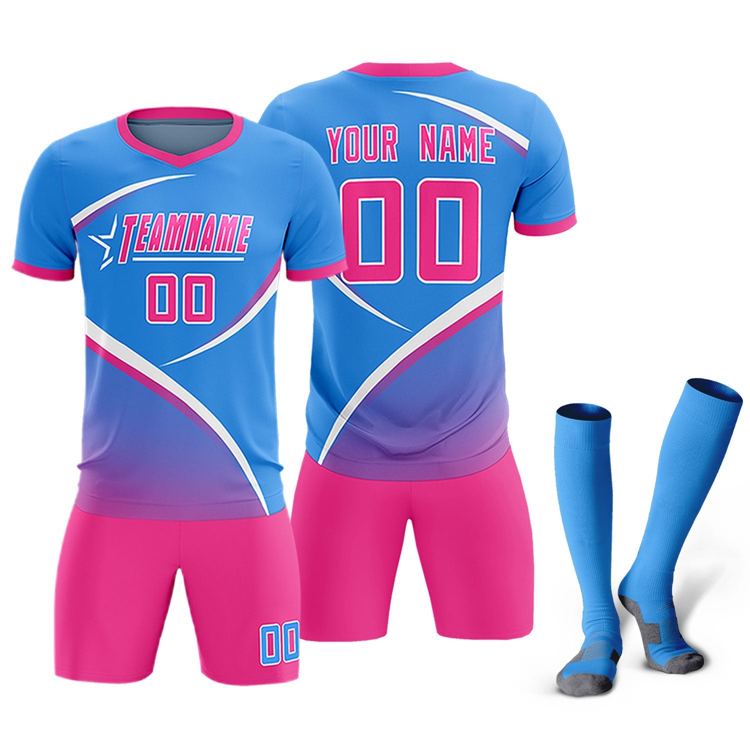 Custom Powder Blue Pink Color Block Training Uniform For Men Soccer Sets Jersey