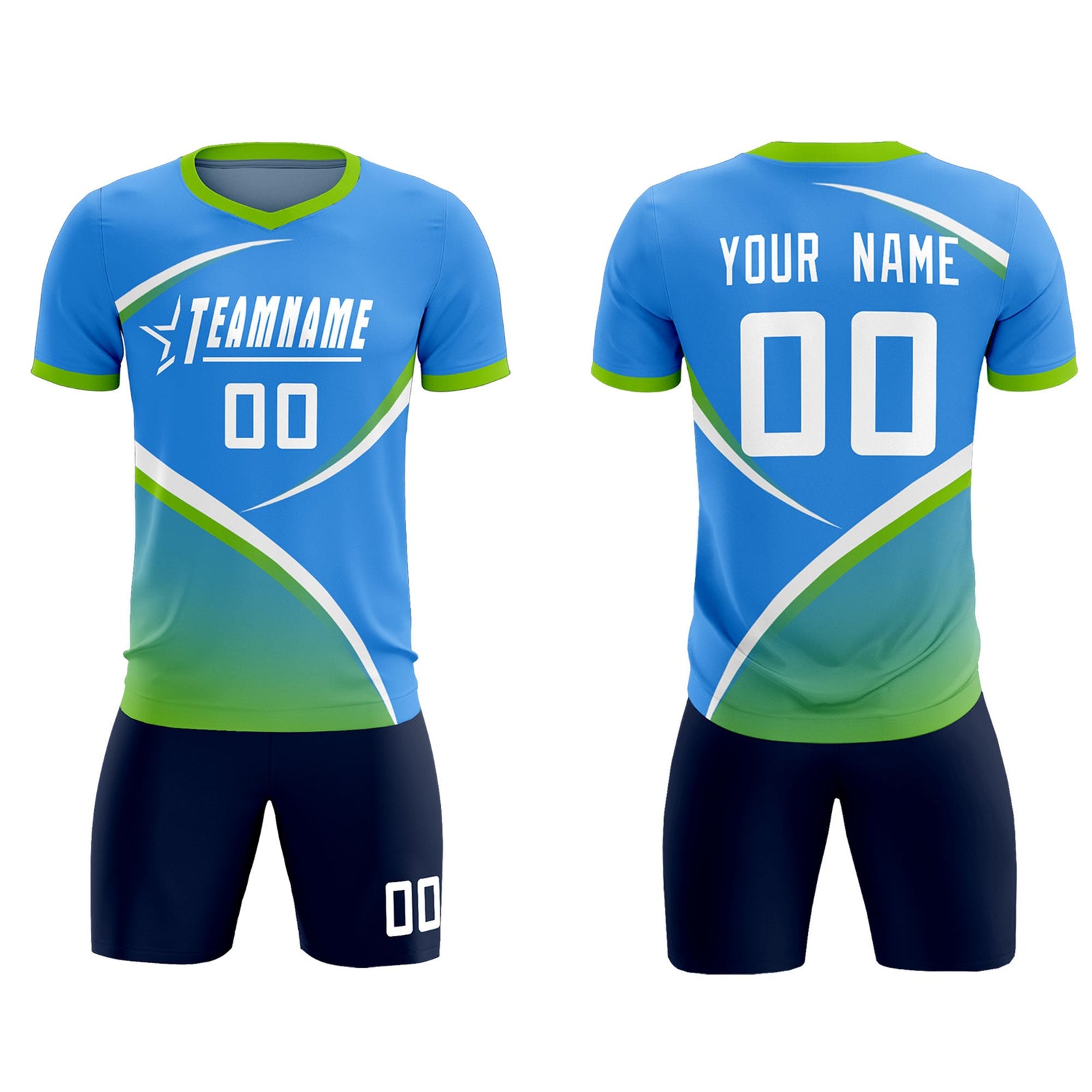 Custom Powder Blue Neon Green Color Block Training Uniform For Men Soccer Sets Jersey