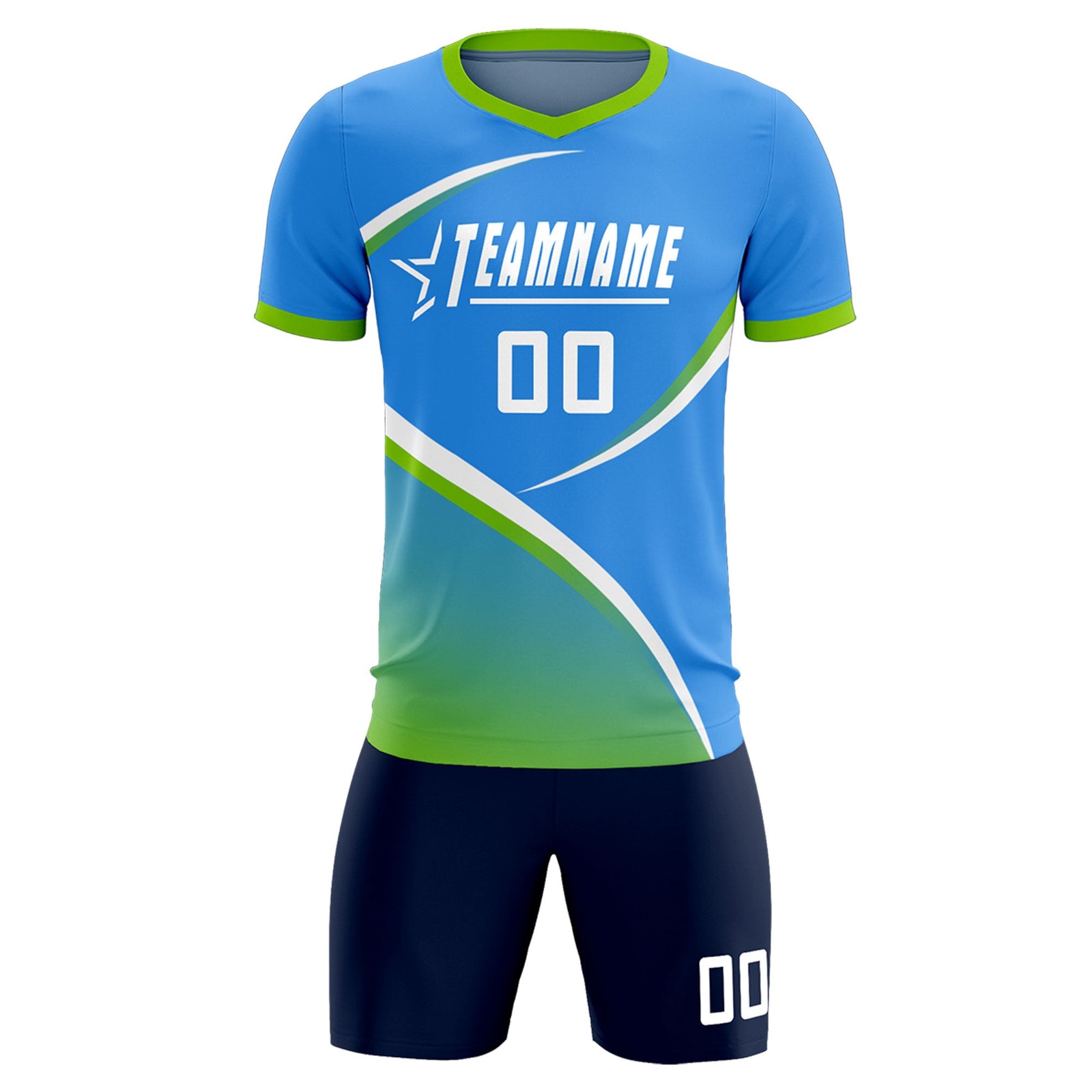 Custom Powder Blue Neon Green Color Block Training Uniform For Men Soccer Sets Jersey