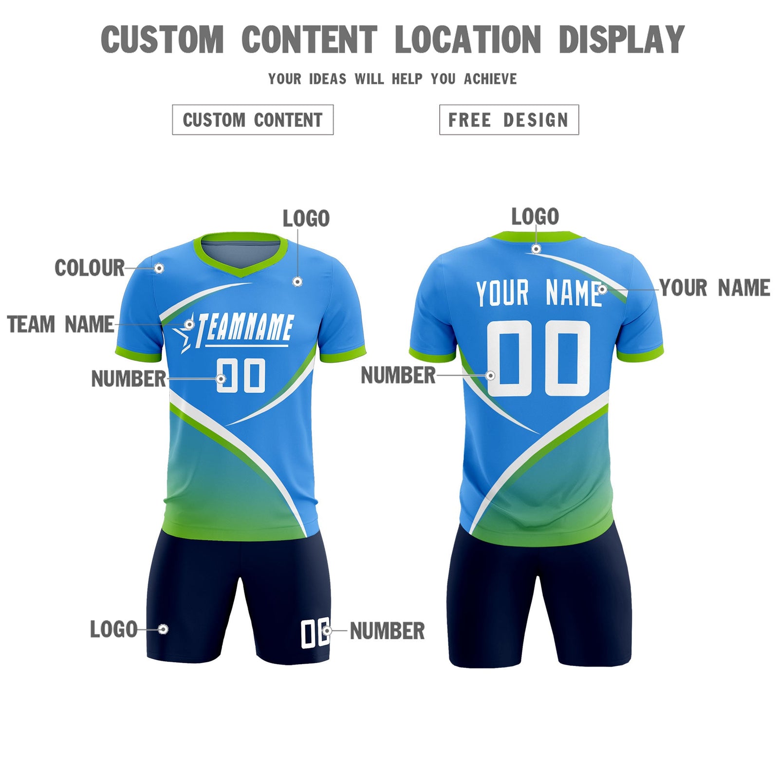 Custom Powder Blue Neon Green Color Block Training Uniform For Men Soccer Sets Jersey