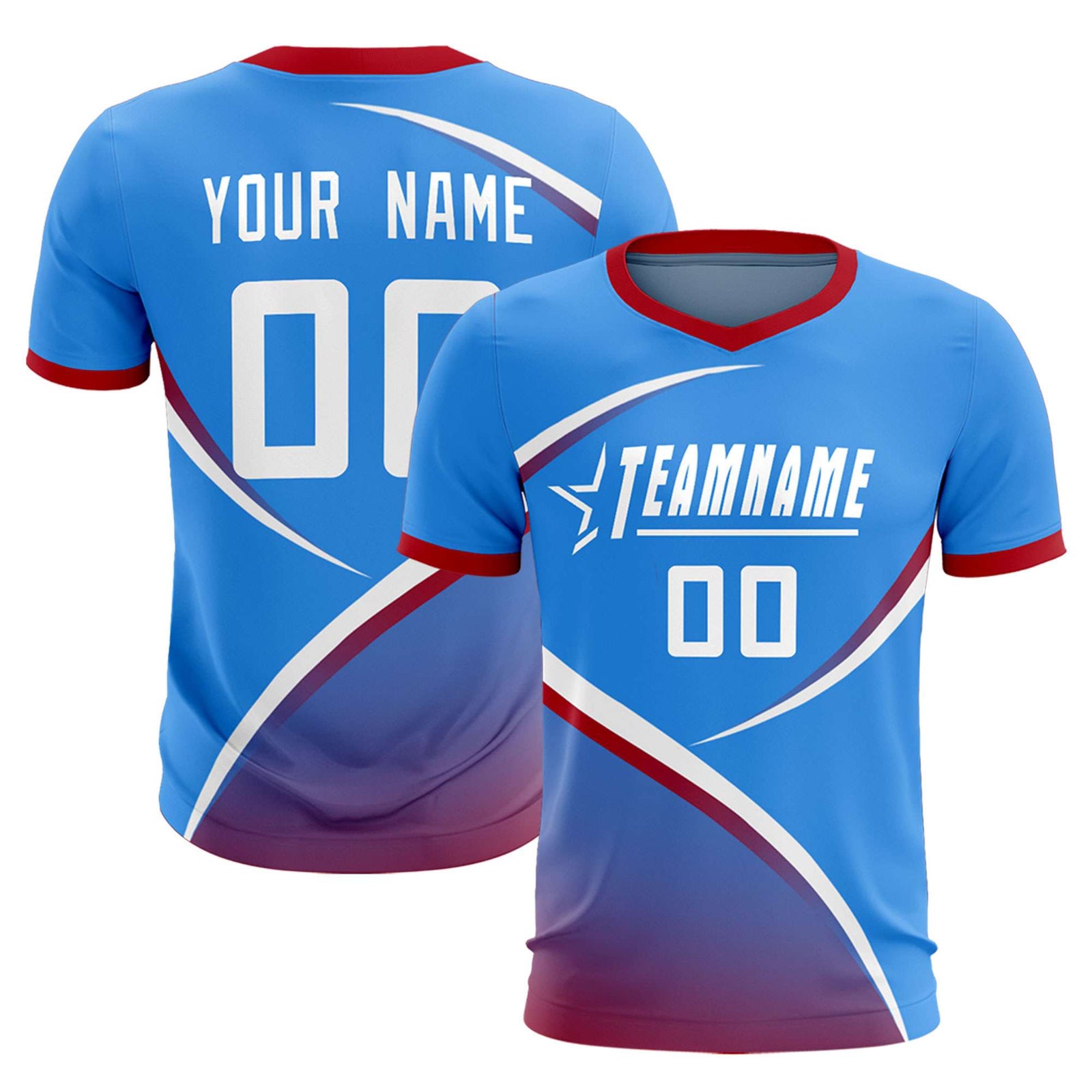 Custom Powder Blue Red Color Block Training Uniform For Men Soccer Sets Jersey