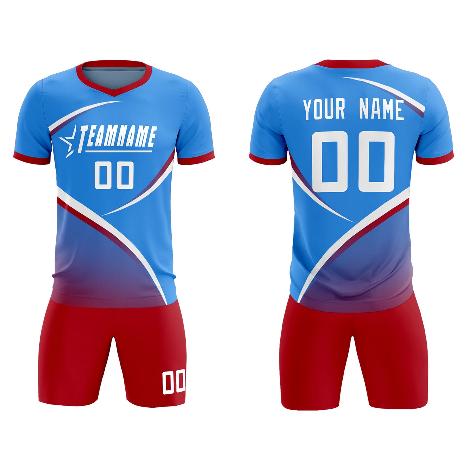 Custom Powder Blue Red Color Block Training Uniform For Men Soccer Sets Jersey