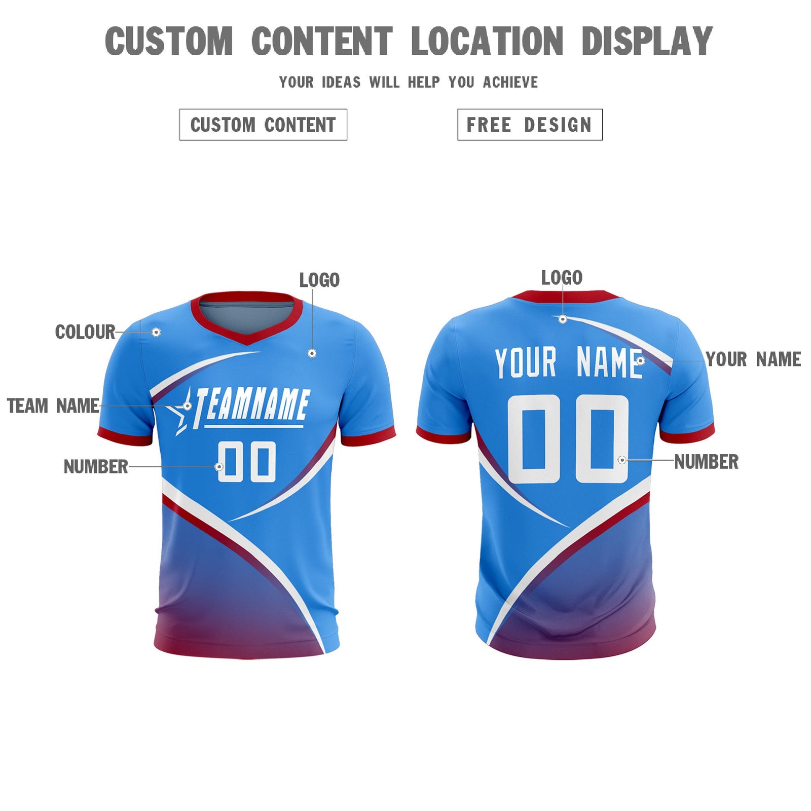 Custom Powder Blue Red Color Block Training Uniform For Men Soccer Sets Jersey