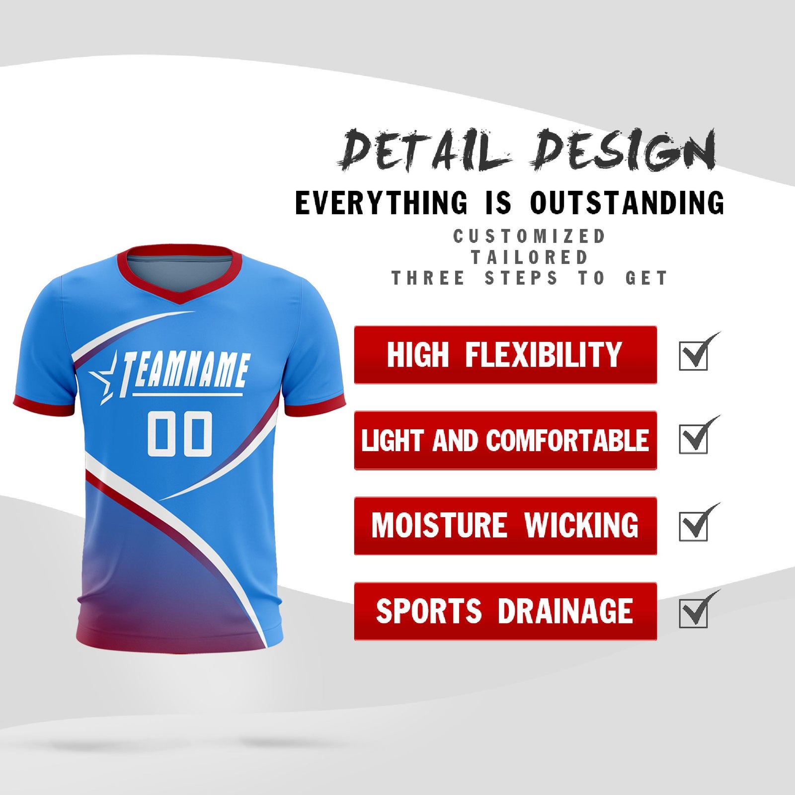 Custom Powder Blue Red Color Block Training Uniform For Men Soccer Sets Jersey