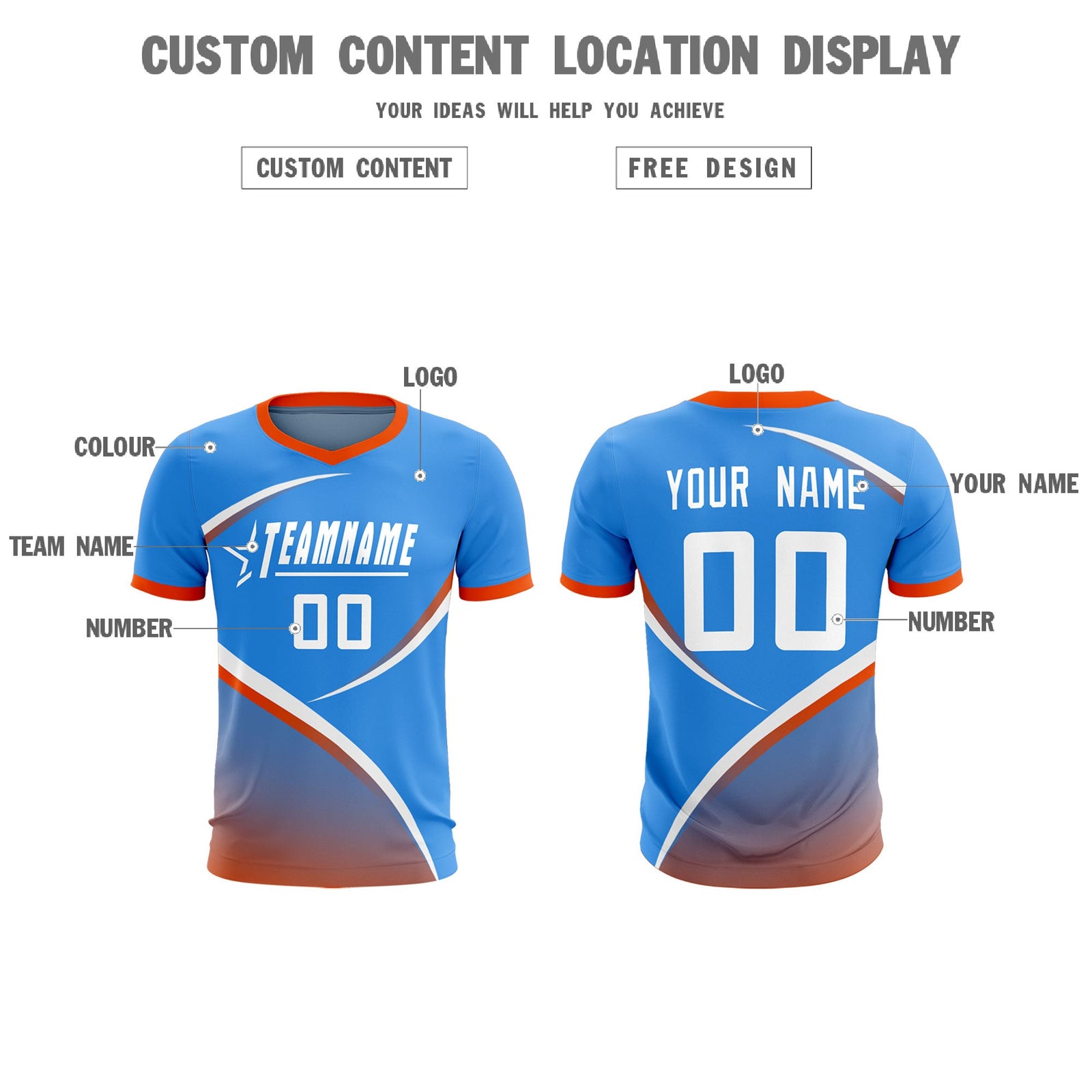 Custom Powder Blue Orange Color Block Training Uniform For Men Soccer Sets Jersey