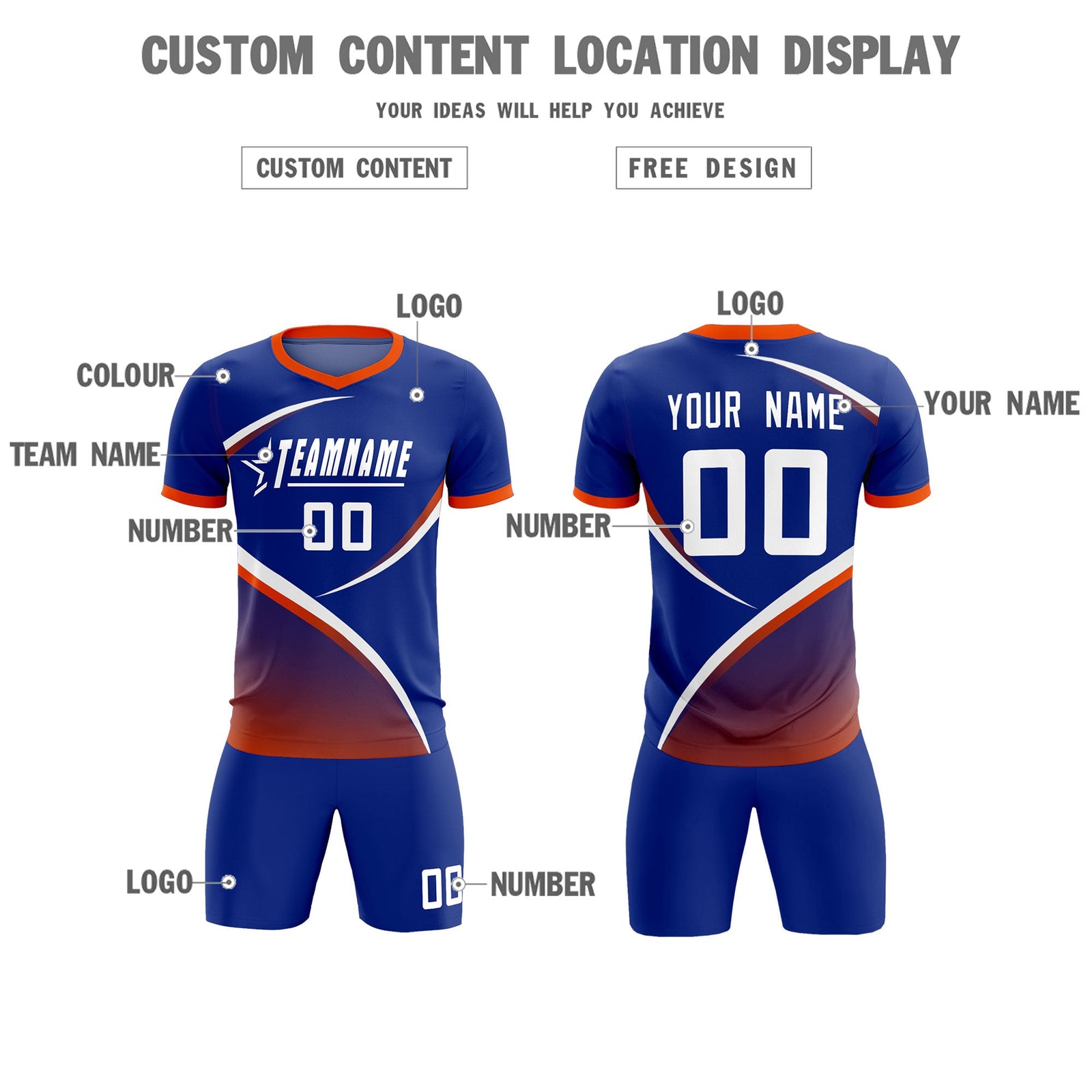 Custom Royal Orange Color Block Training Uniform For Men Soccer Sets Jersey