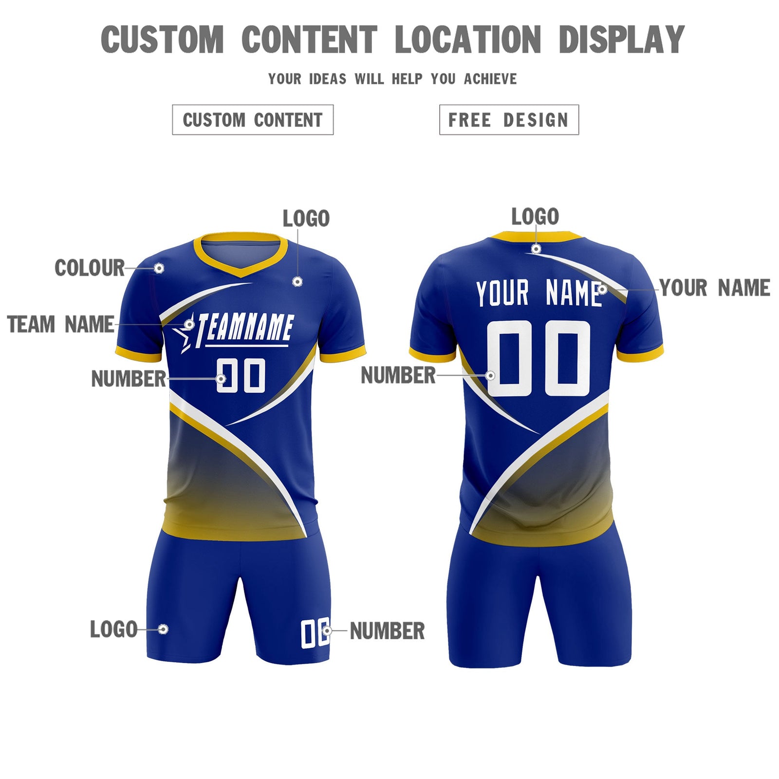 Custom Royal Gold Color Block Training Uniform For Men Soccer Sets Jersey