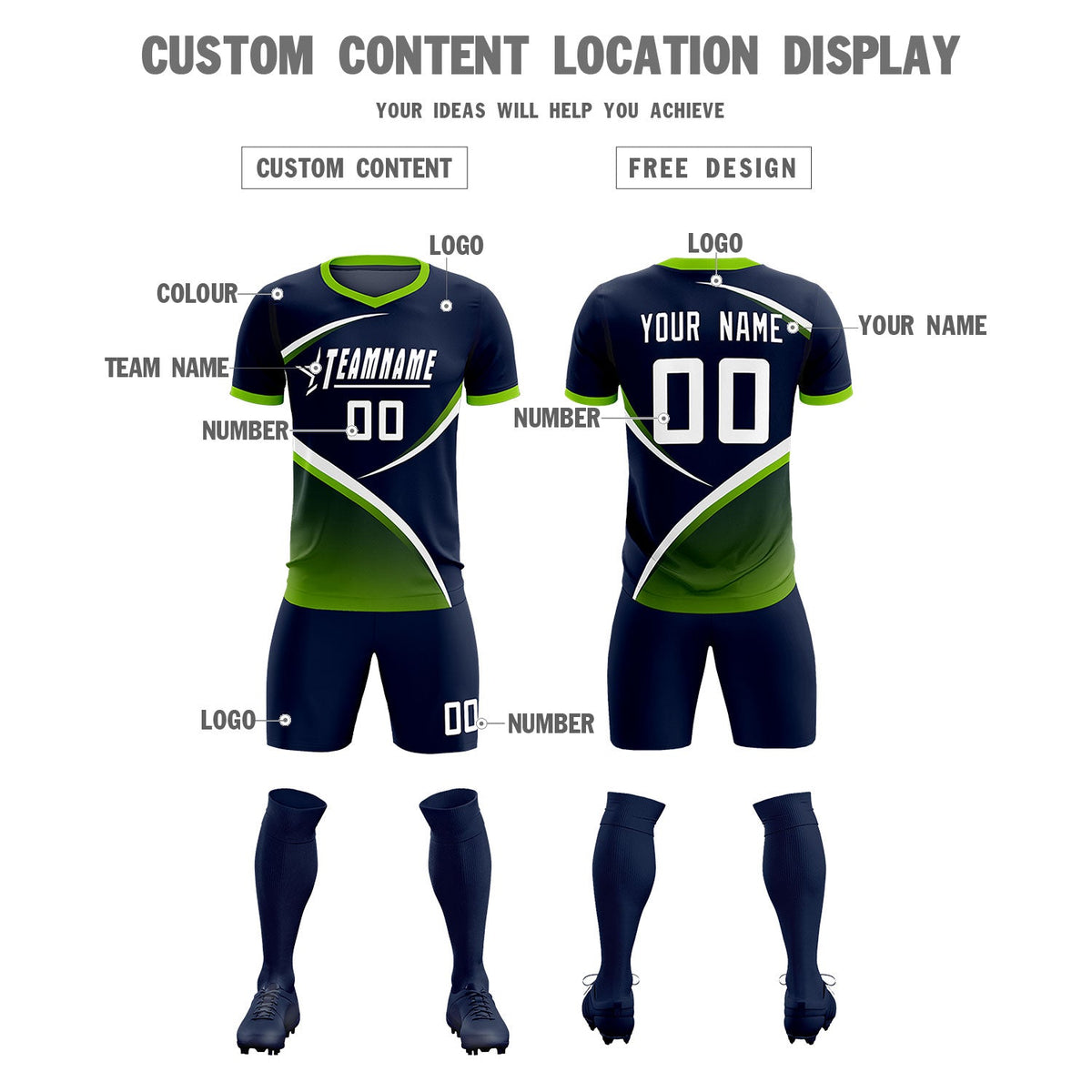 Custom Navy Neon Green Color Block Training Uniform For Men Soccer Sets Jersey