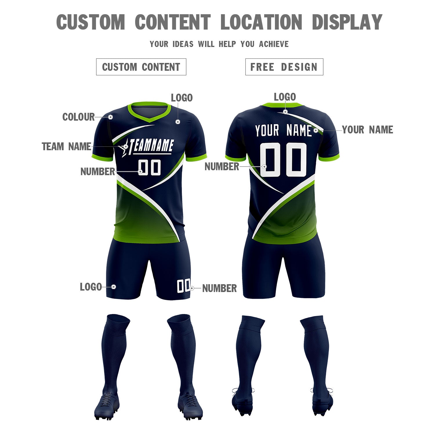 Custom Navy Neon Green Color Block Training Uniform For Men Soccer Sets Jersey