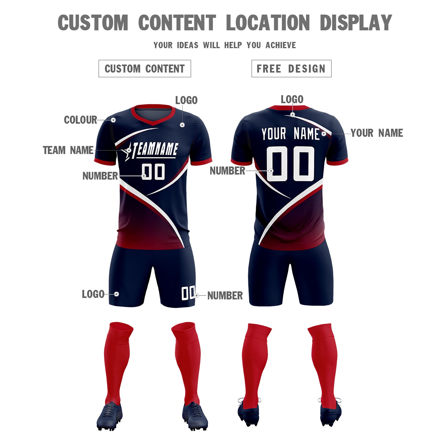 Custom Navy Red Color Block Training Uniform For Men Soccer Sets Jersey