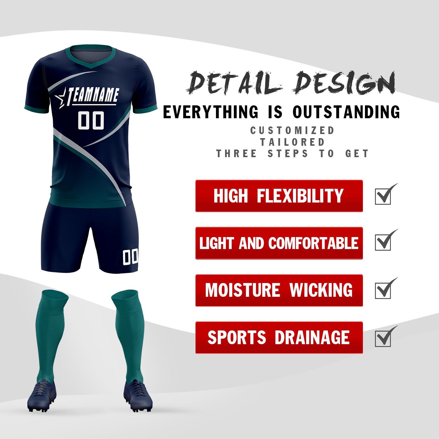 Custom Navy Aqua Color Block Training Uniform For Men Soccer Sets Jersey