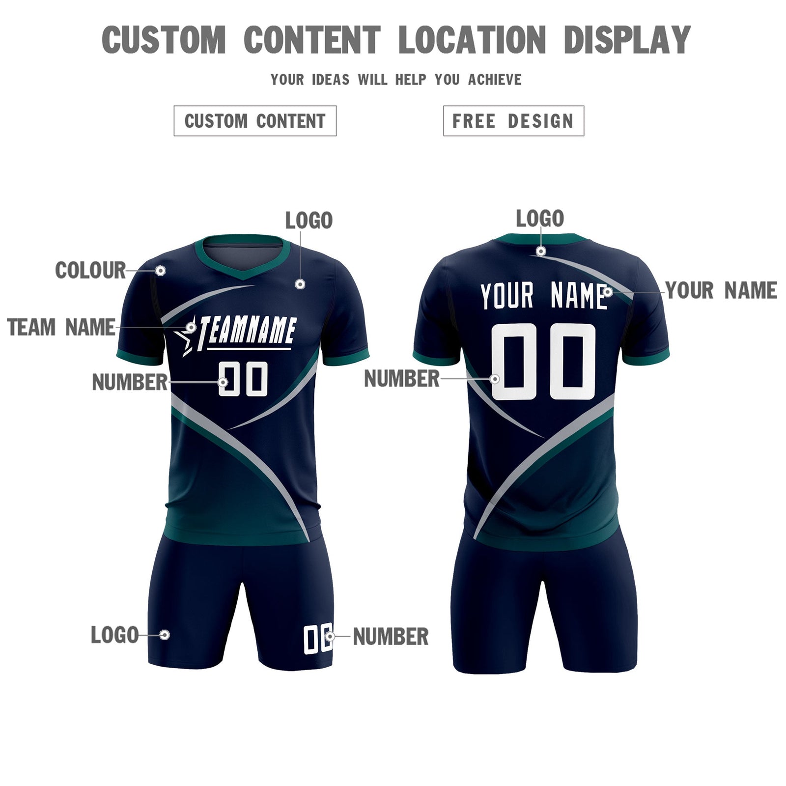 Custom Navy Aqua Color Block Training Uniform For Men Soccer Sets Jersey