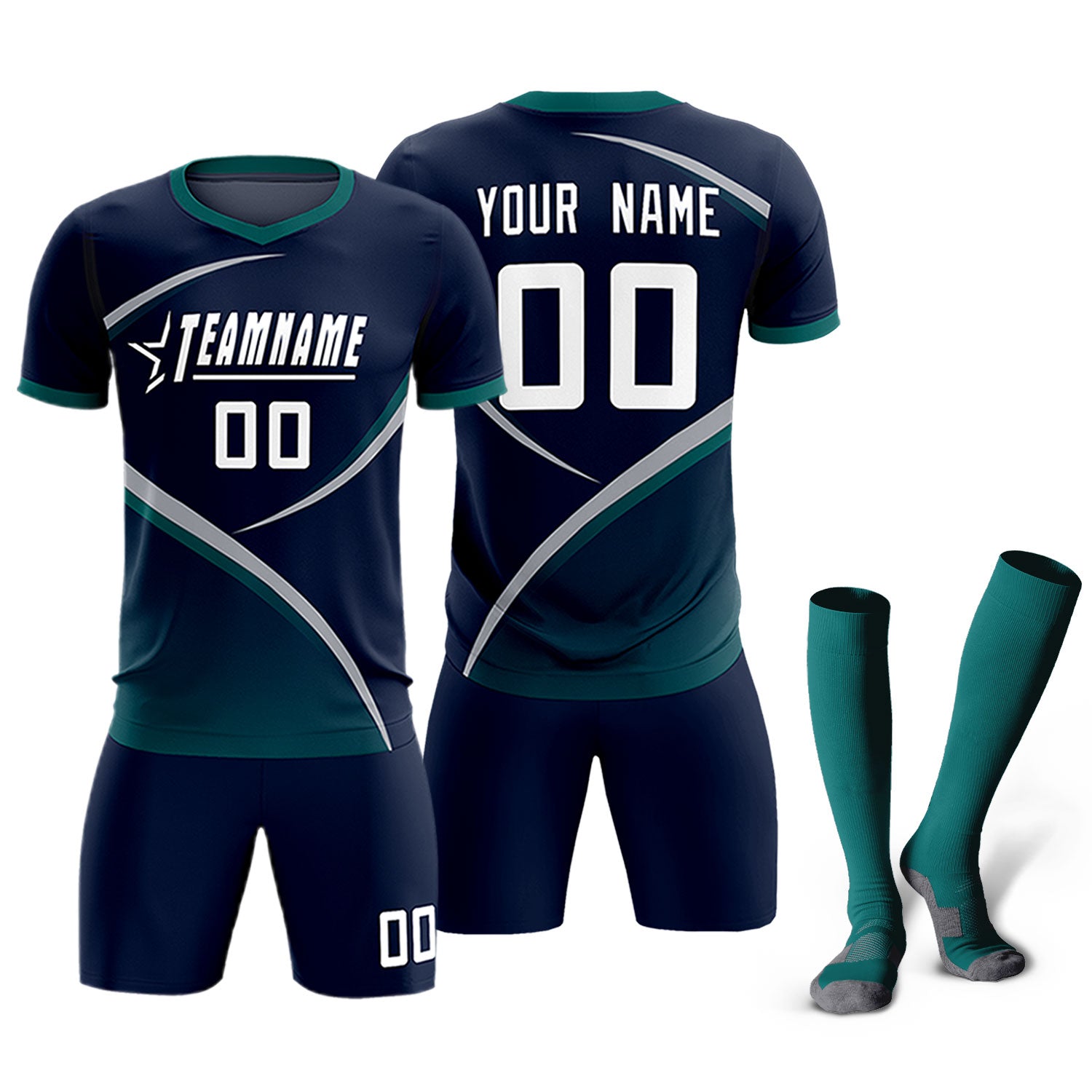 Custom Navy Aqua Color Block Training Uniform For Men Soccer Sets Jersey