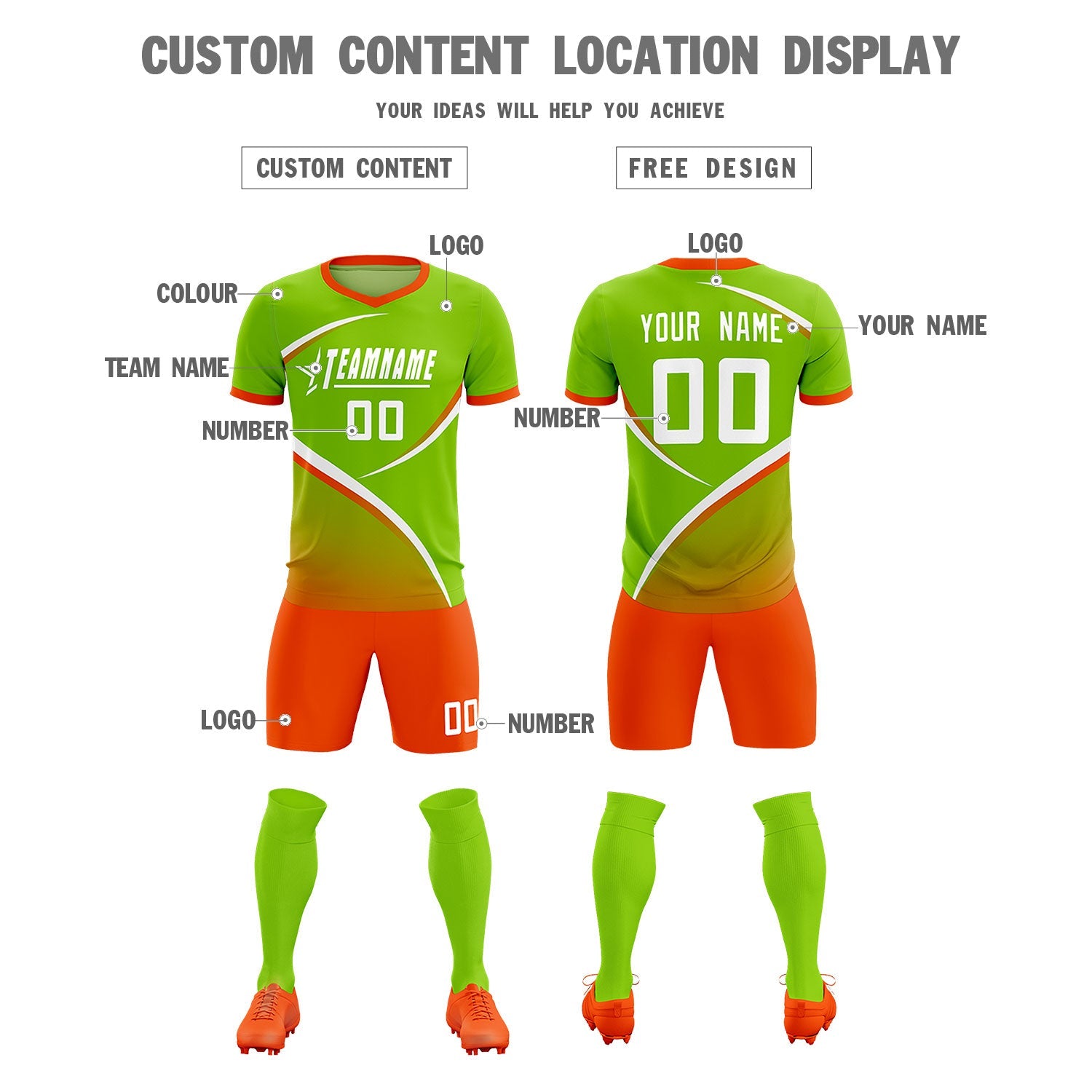 Custom Neon Green Orange Color Block Training Uniform For Men Soccer Sets Jersey