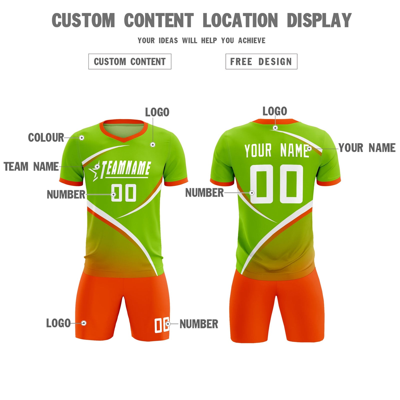 Custom Neon Green Orange Color Block Training Uniform For Men Soccer Sets Jersey