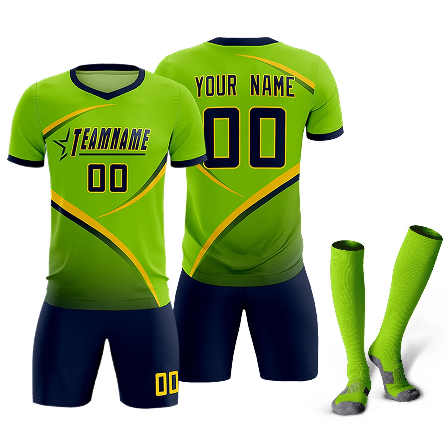 Custom Neon Green Navy Color Block Training Uniform For Men Soccer Sets Jersey