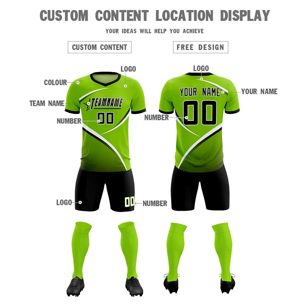 Custom Neon Green Black Color Block Training Uniform For Men Soccer Sets Jersey