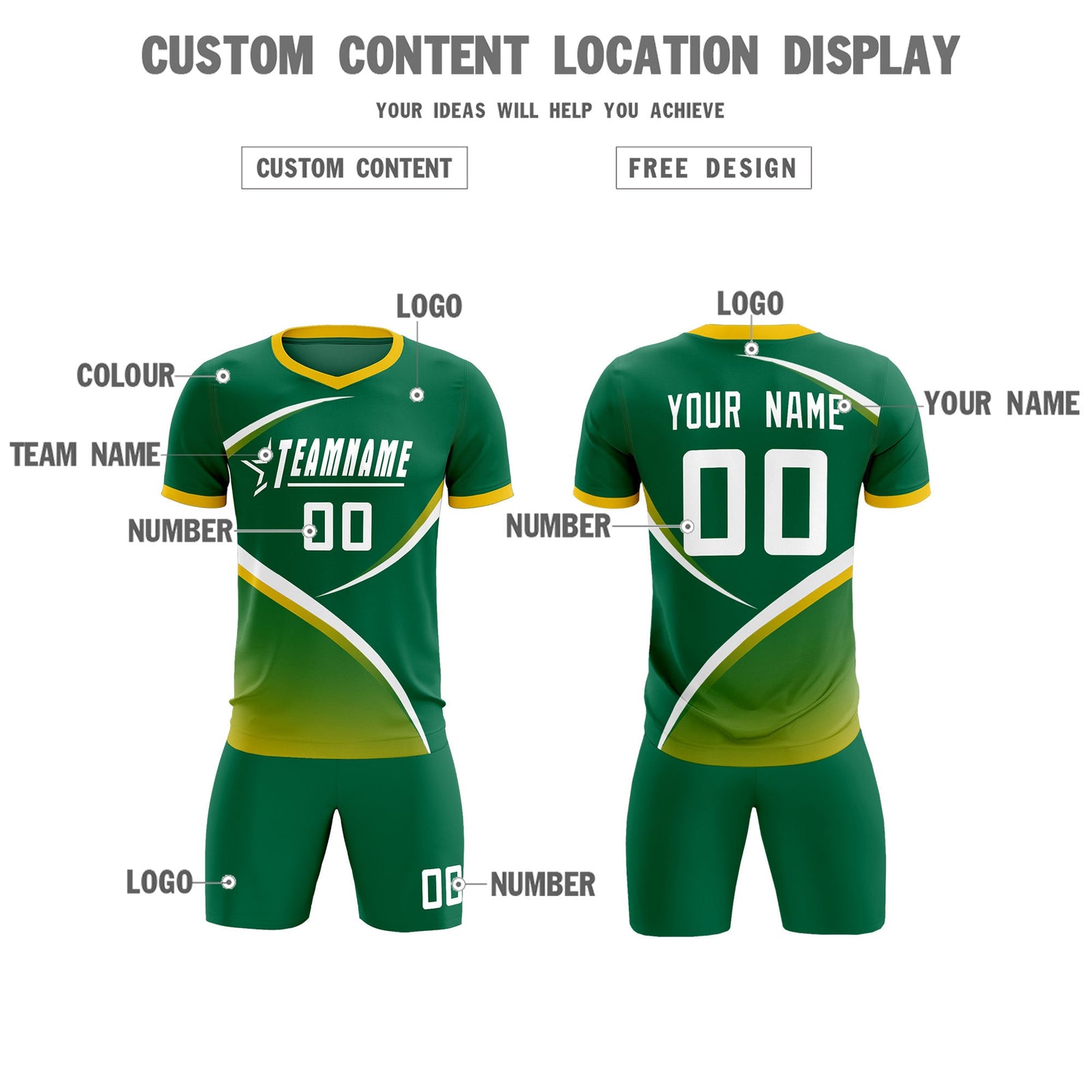 Custom Kelly Green Gold Color Block Training Uniform For Men Soccer Sets Jersey