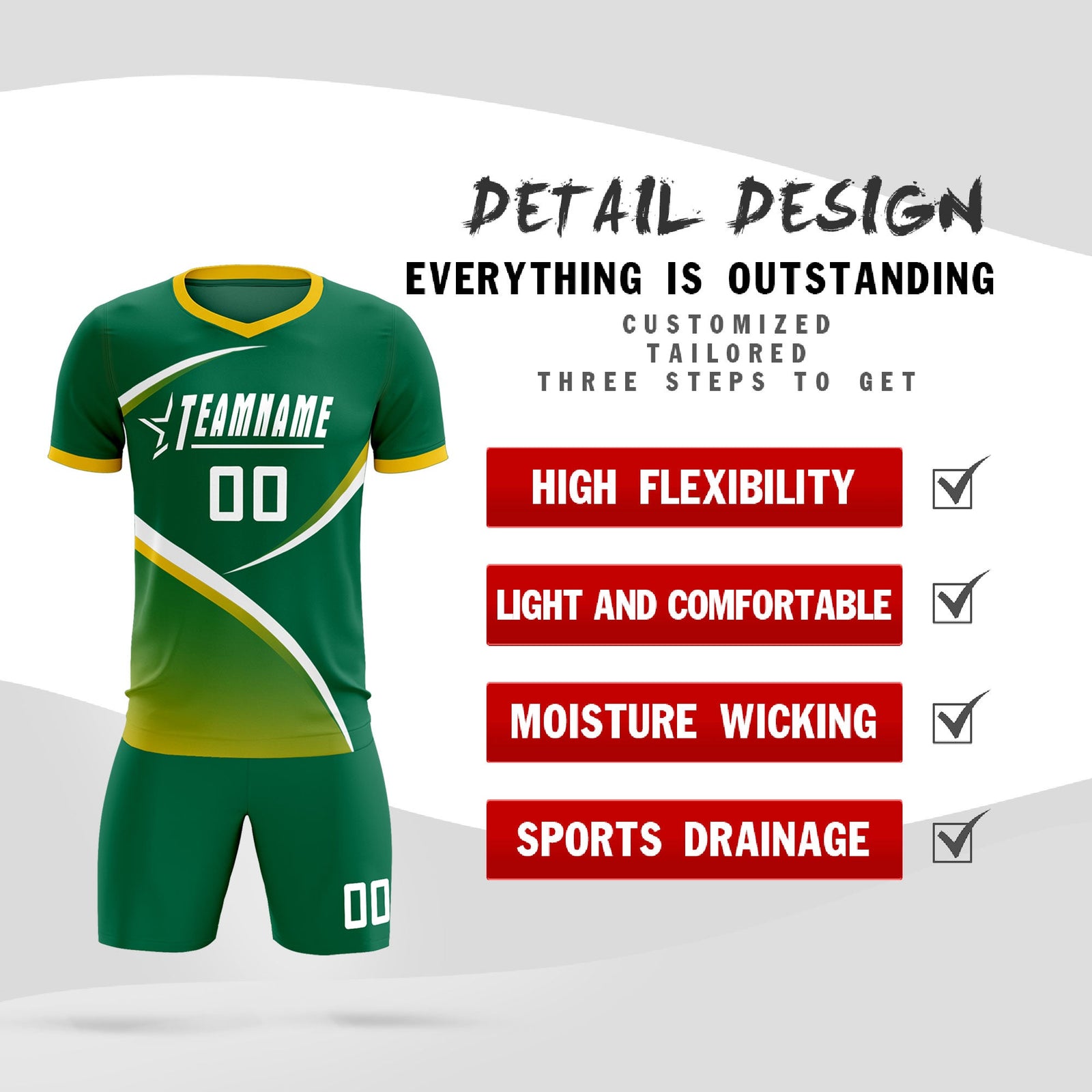 Custom Kelly Green Gold Color Block Training Uniform For Men Soccer Sets Jersey