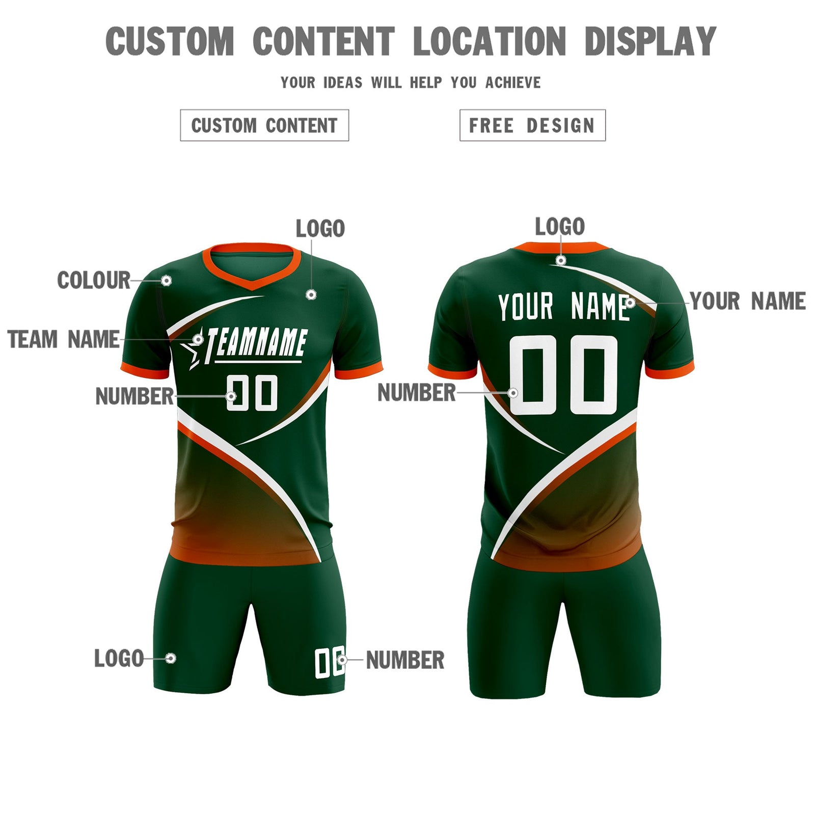 Custom Green Orange Color Block Training Uniform For Men Soccer Sets Jersey