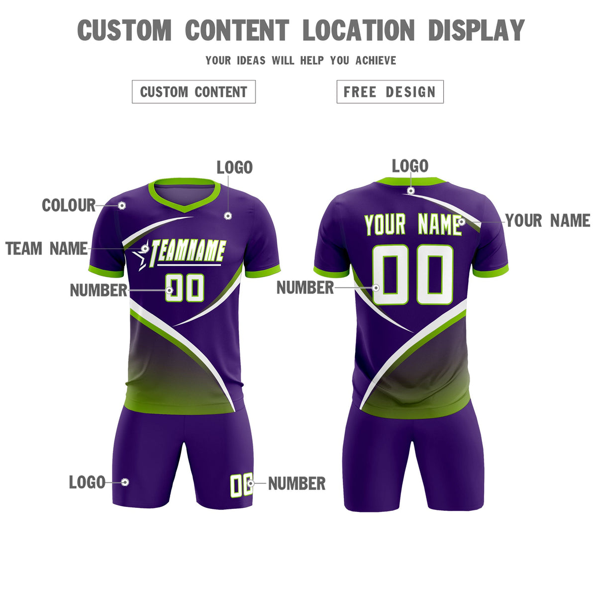 Custom Purple Neon Green Color Block Training Uniform For Men Soccer Sets Jersey