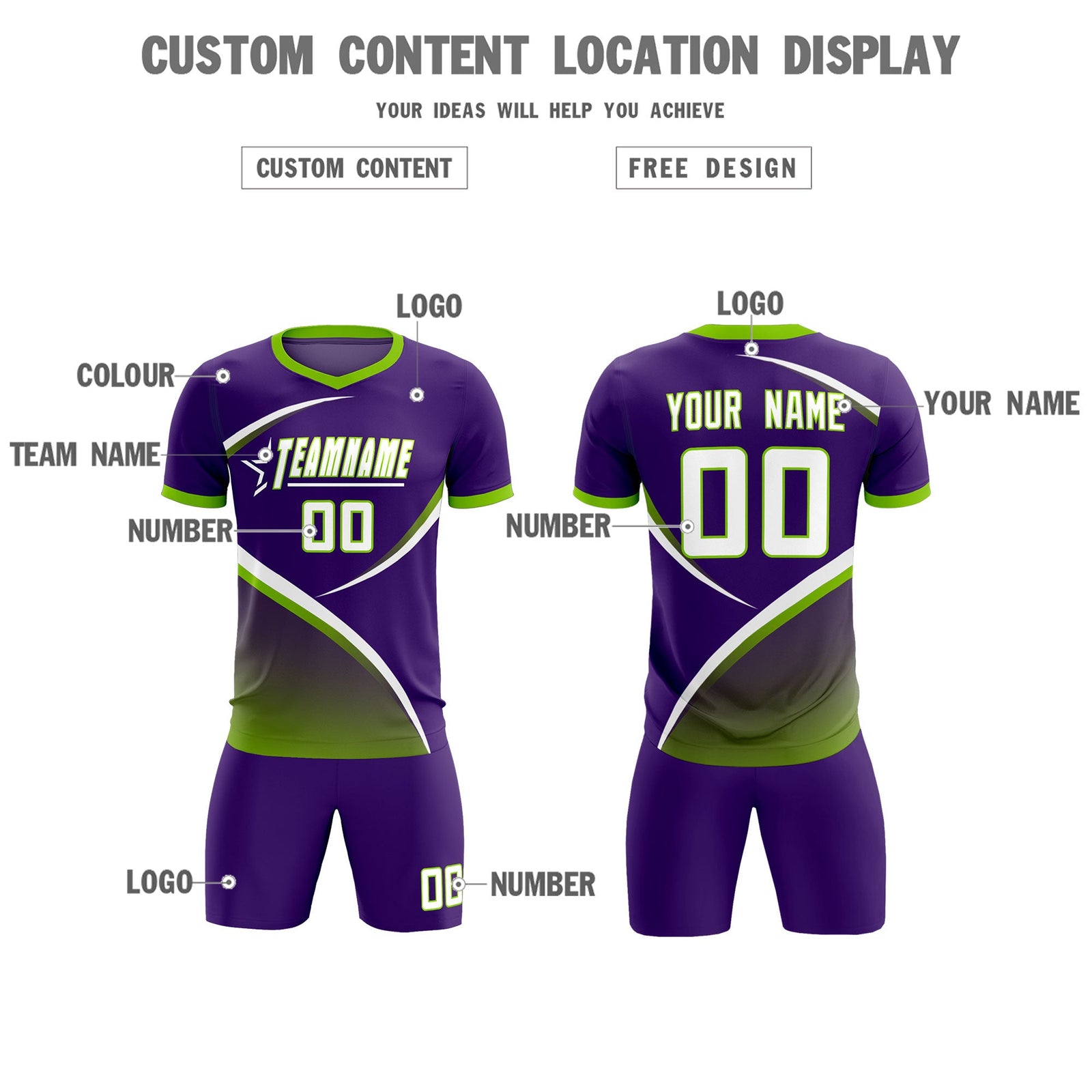 Custom Purple Neon Green Color Block Training Uniform For Men Soccer Sets Jersey