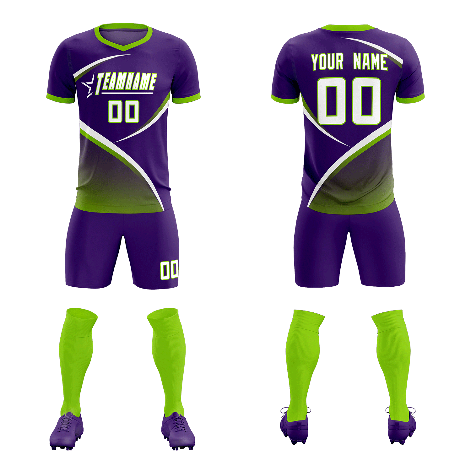 Custom Purple Neon Green Color Block Training Uniform For Men Soccer Sets Jersey