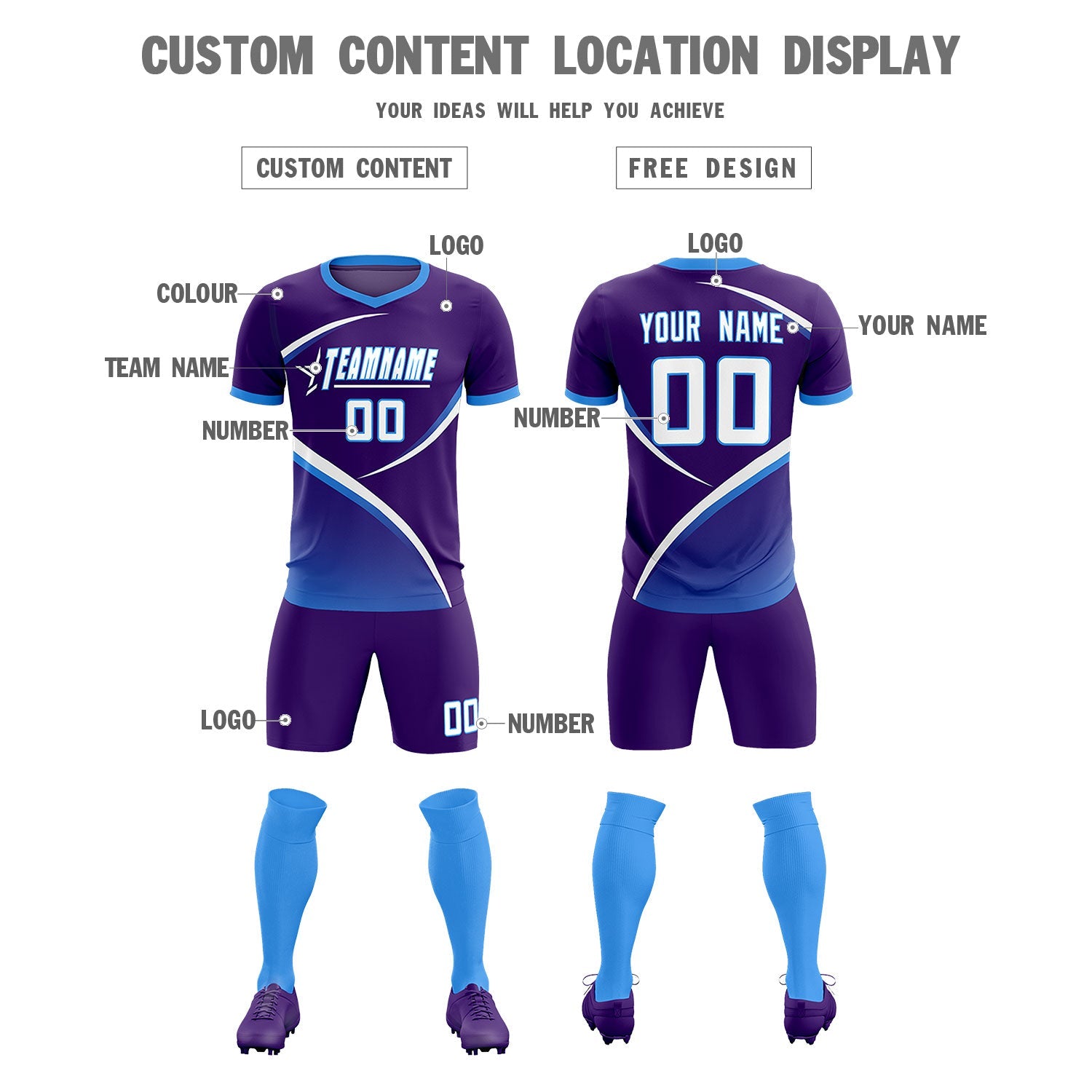 Custom Purple Powder Blue Color Block Training Uniform For Men Soccer Sets Jersey