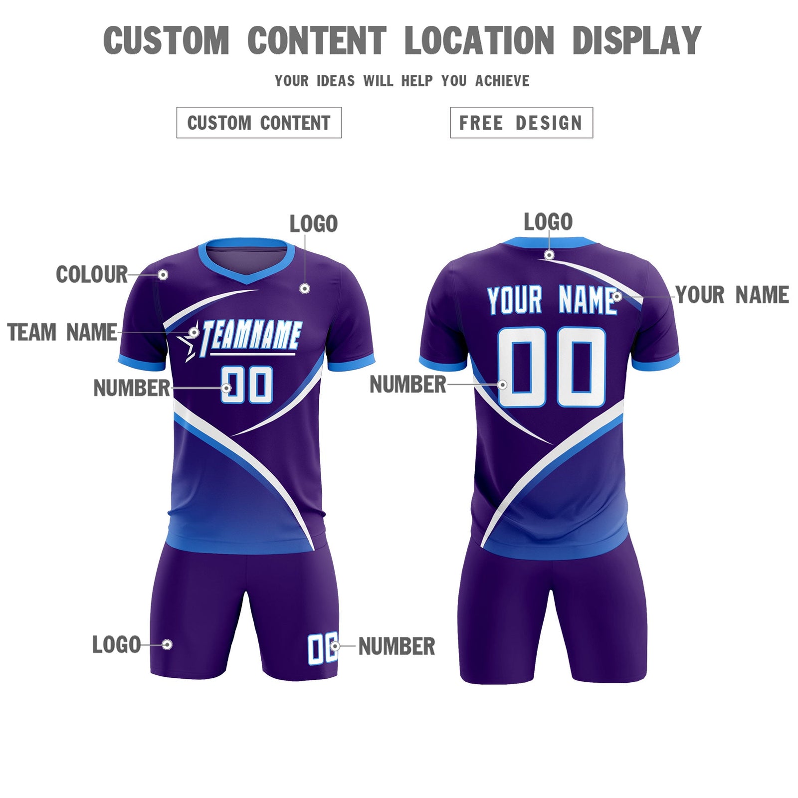 Custom Purple Powder Blue Color Block Training Uniform For Men Soccer Sets Jersey