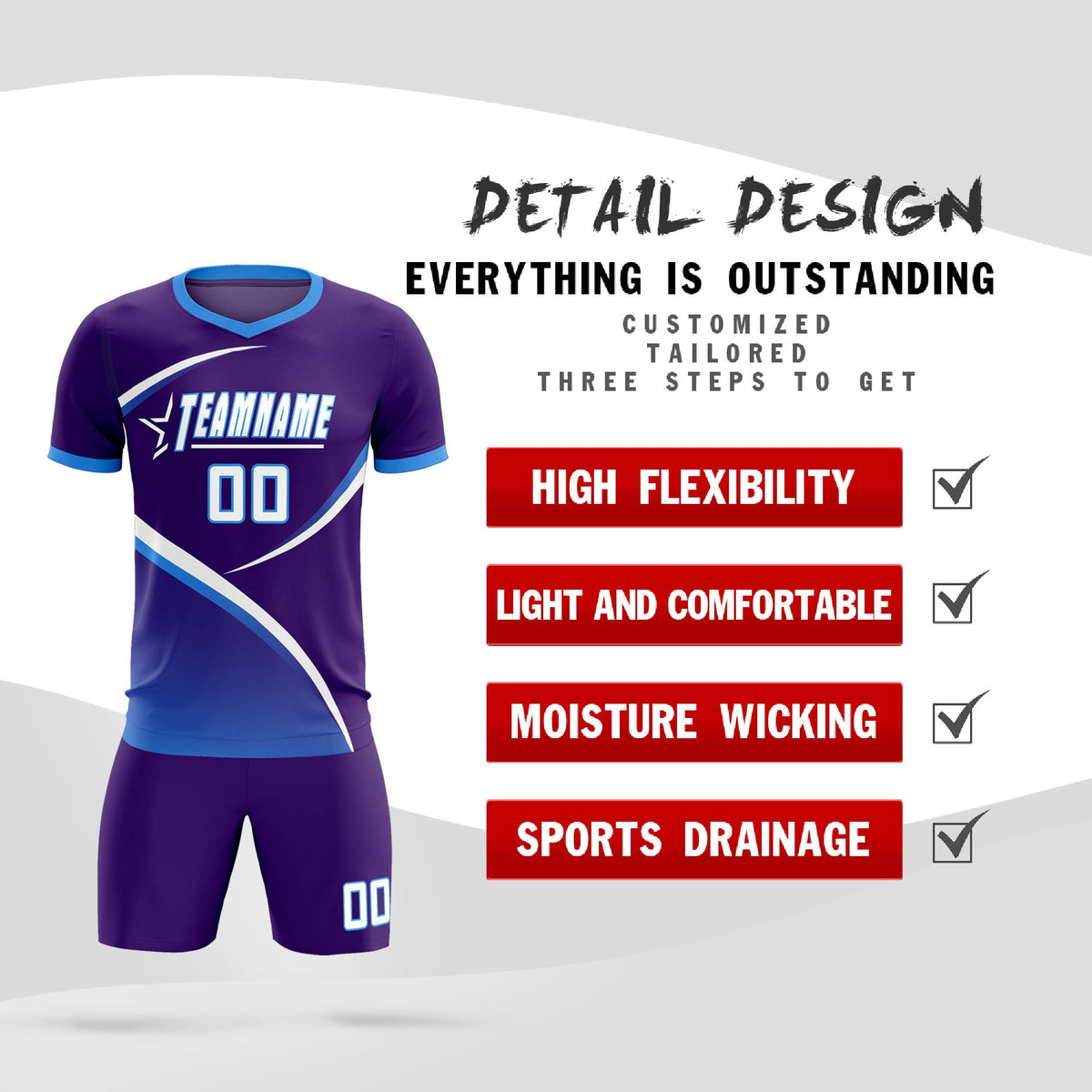 Custom Purple Powder Blue Color Block Training Uniform For Men Soccer Sets Jersey