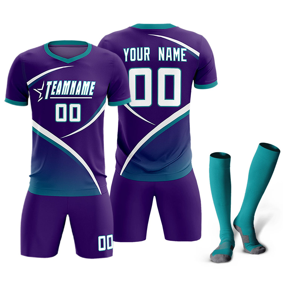 Custom Purple Aqua Color Block Training Uniform For Men Soccer Sets Jersey