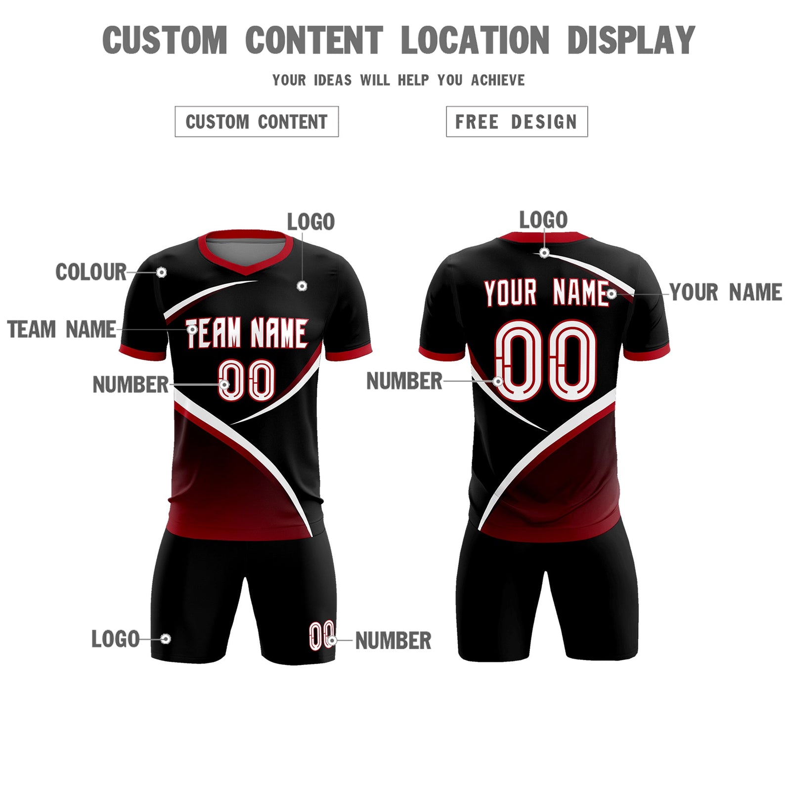 Custom Black Red Color Block Training Uniform For Men Soccer Sets Jersey