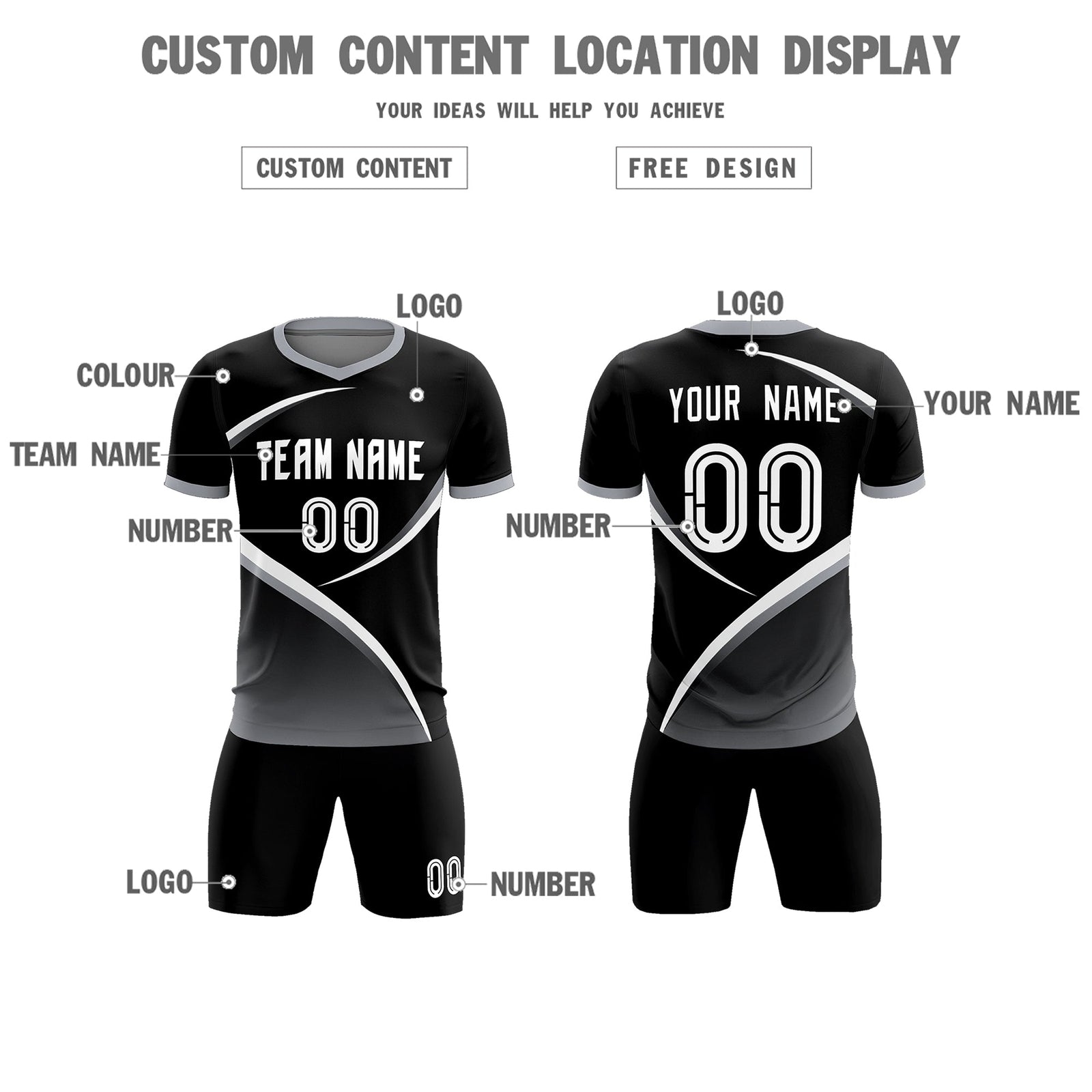 Custom Black Gray Color Block Training Uniform For Men Soccer Sets Jersey