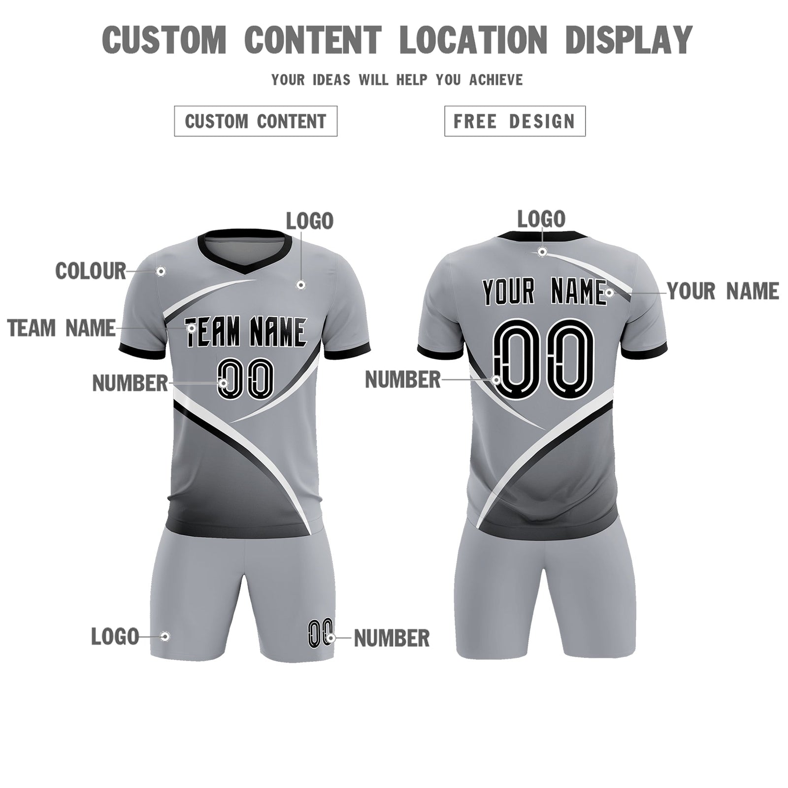 Custom Gray Black Color Block Training Uniform For Men Soccer Sets Jersey