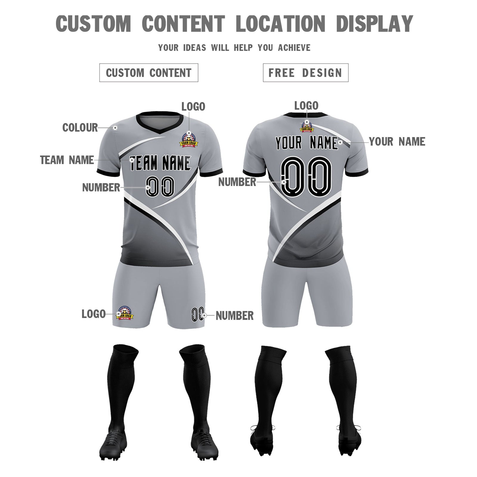 Custom Gray Black Color Block Training Uniform For Men Soccer Sets Jersey