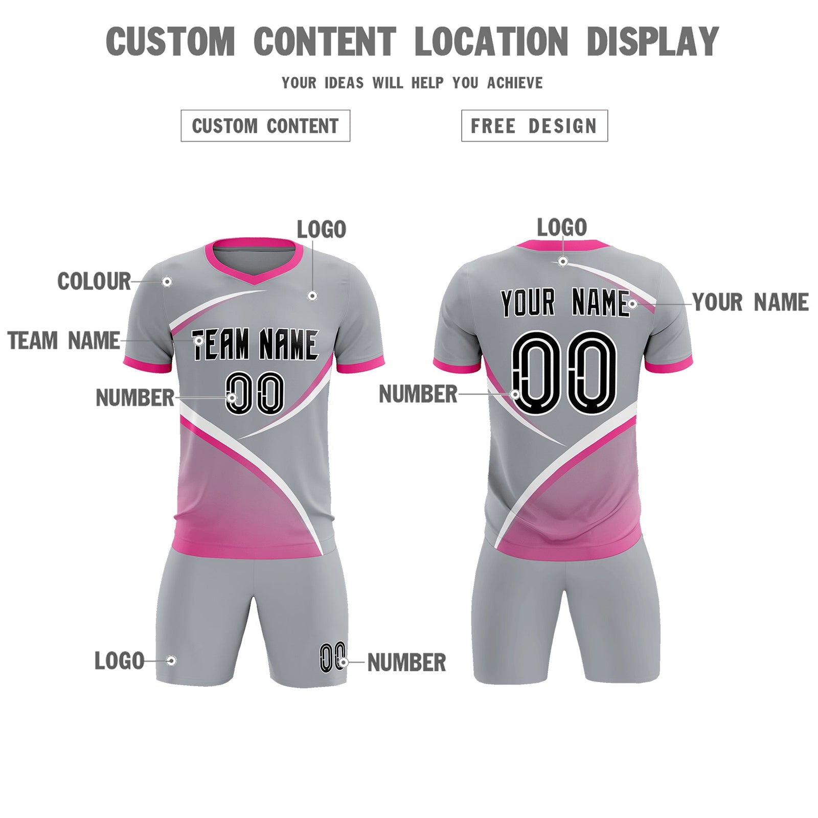 Custom Gray Pink Color Block Training Uniform For Men Soccer Sets Jersey