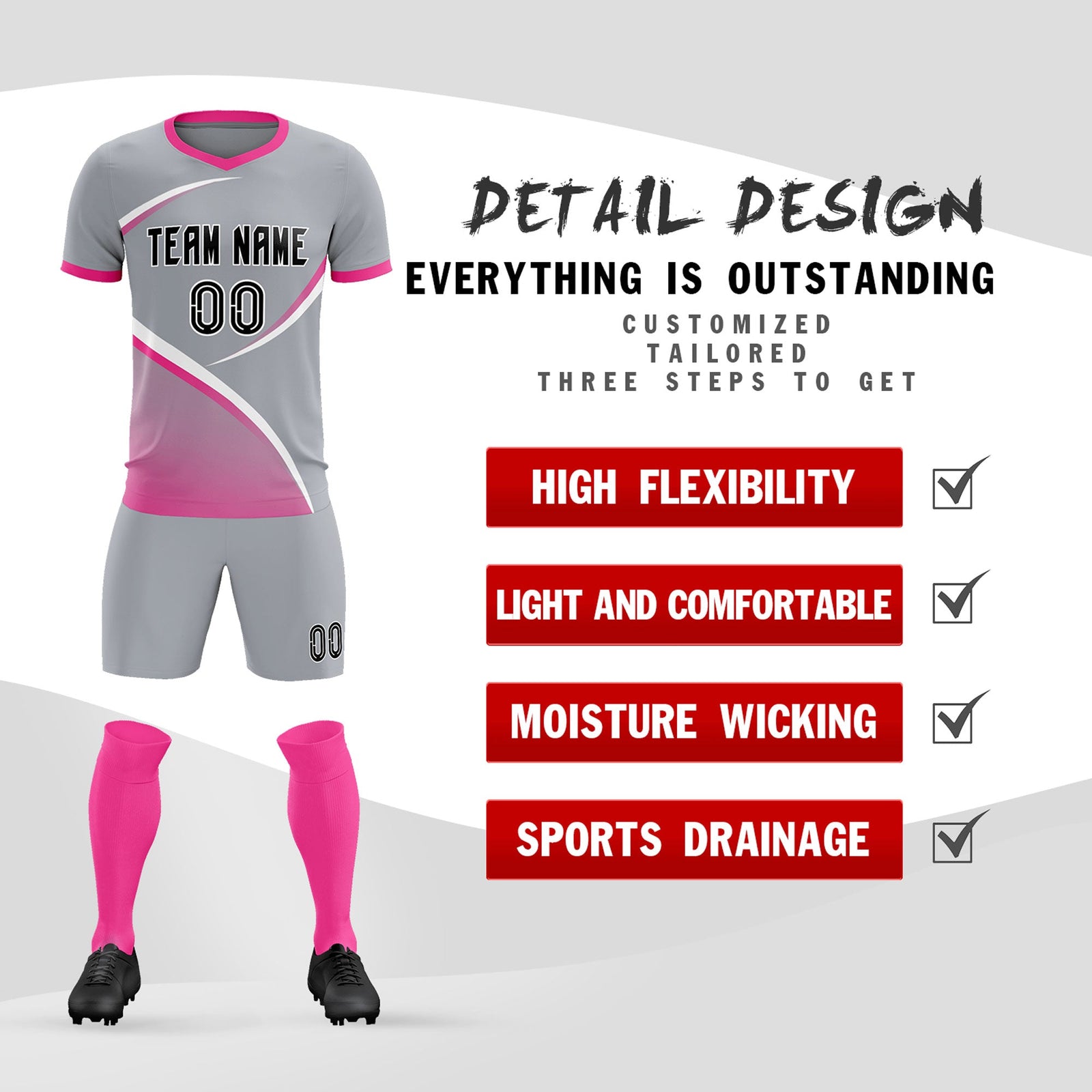 Custom Gray Pink Color Block Training Uniform For Men Soccer Sets Jersey