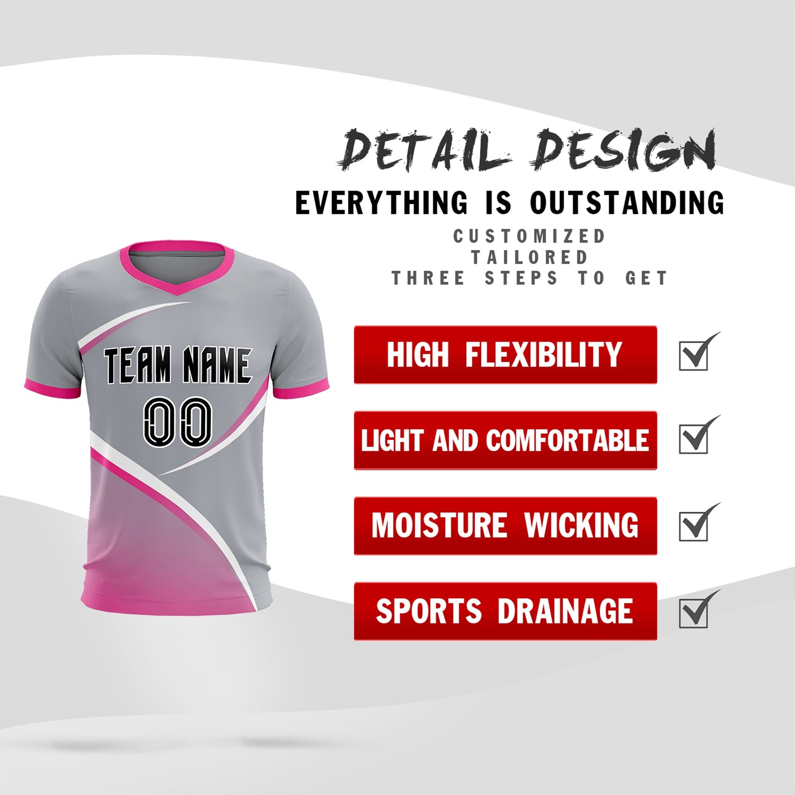 Custom Gray Pink Color Block Training Uniform For Men Soccer Sets Jersey