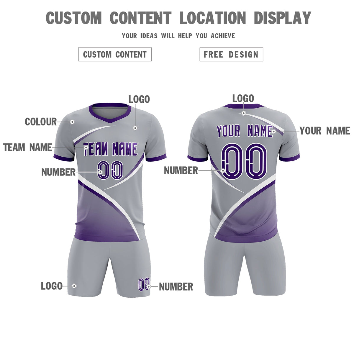 Custom Gray Purple Color Block Training Uniform For Men Soccer Sets Jersey