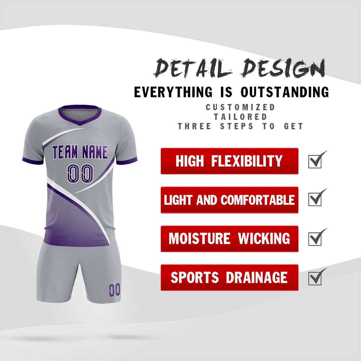 Custom Gray Purple Color Block Training Uniform For Men Soccer Sets Jersey